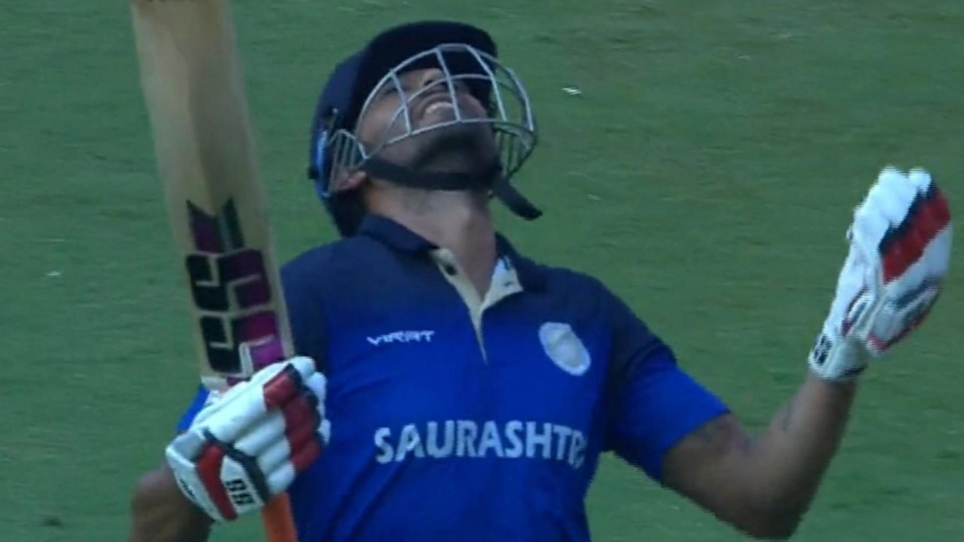 Sheldon Jackson celebrating his hundred in the Vijay Hazare Trophy final (P.C.:BCCI)