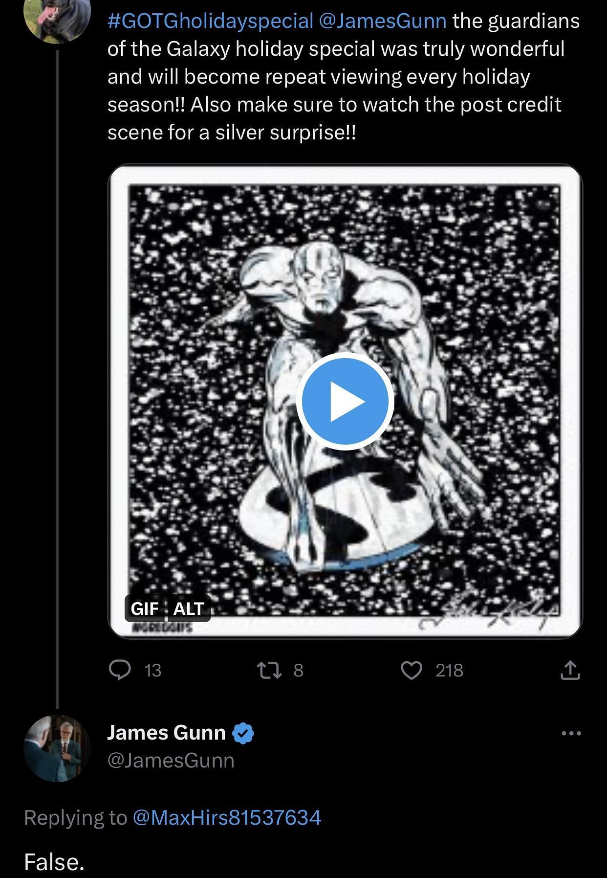 James Gunn&#039;s response to a fan talking about the Silver Surfer (Image via James Gunn&#039;s Twitter)