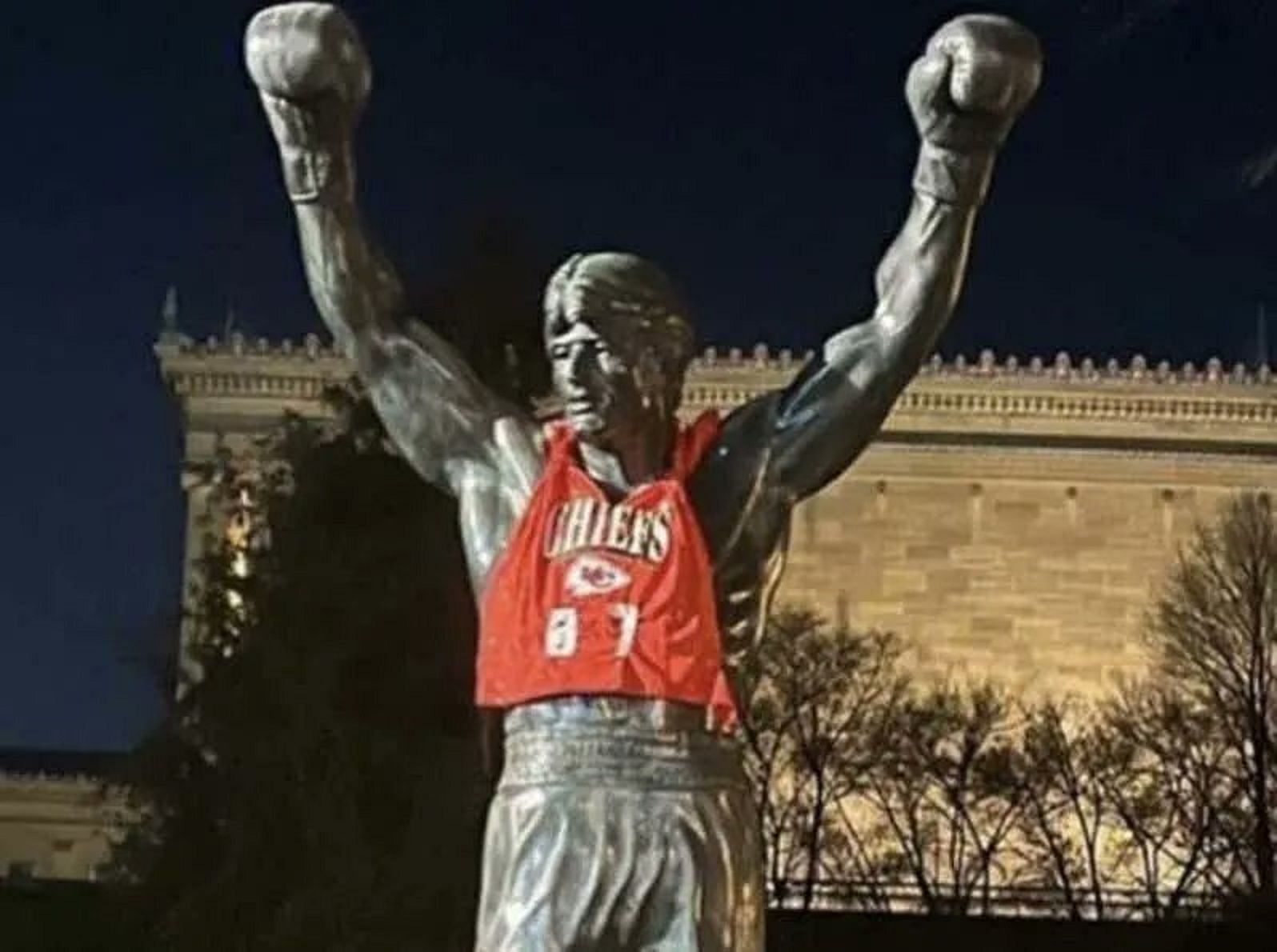 Rocky Statue draped in Kansas City Chiefs colors