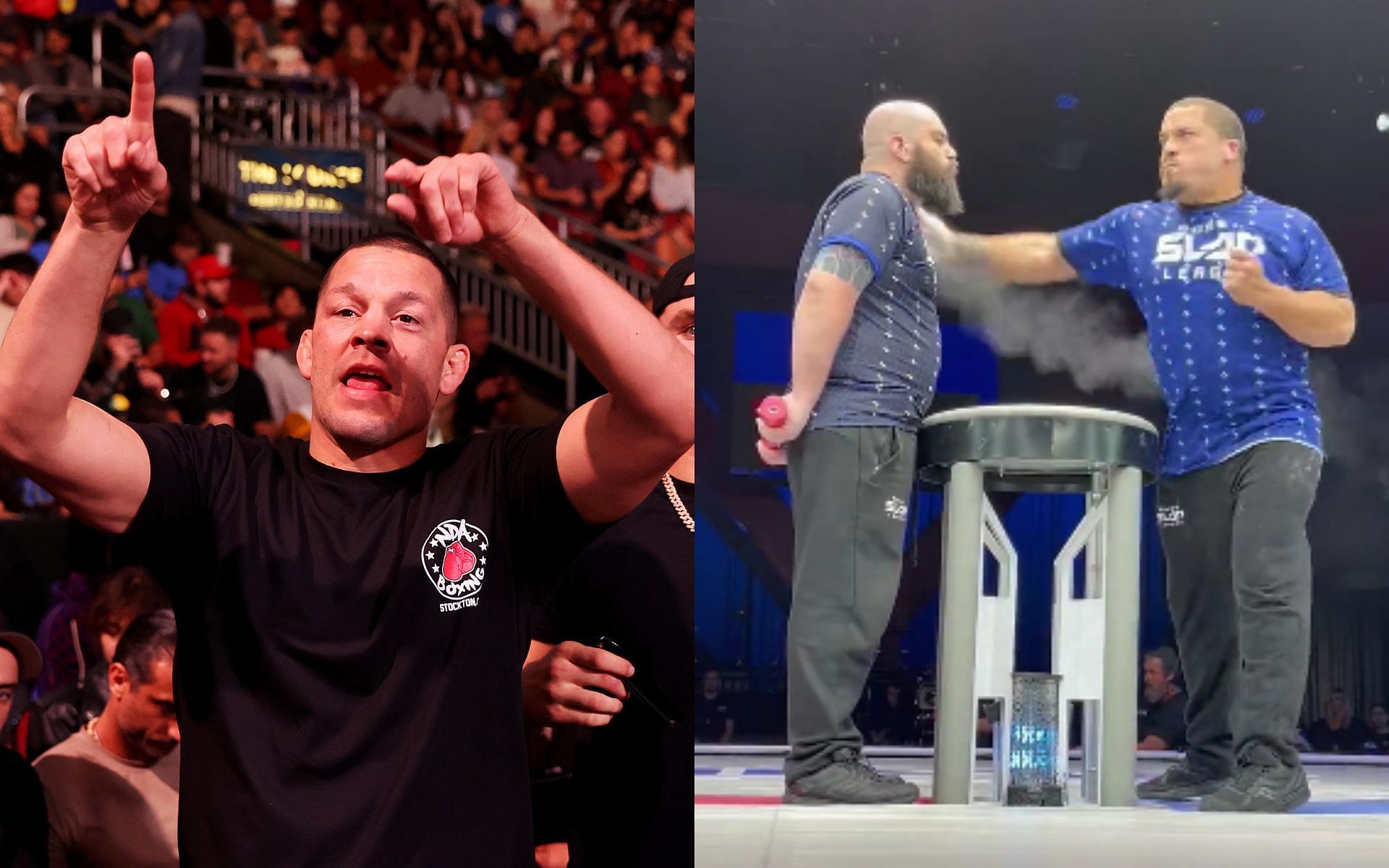 Nate Diaz (left) and A Power Slap League match (right) (Image credits Getty Images and @powerslapleague on Twitter)