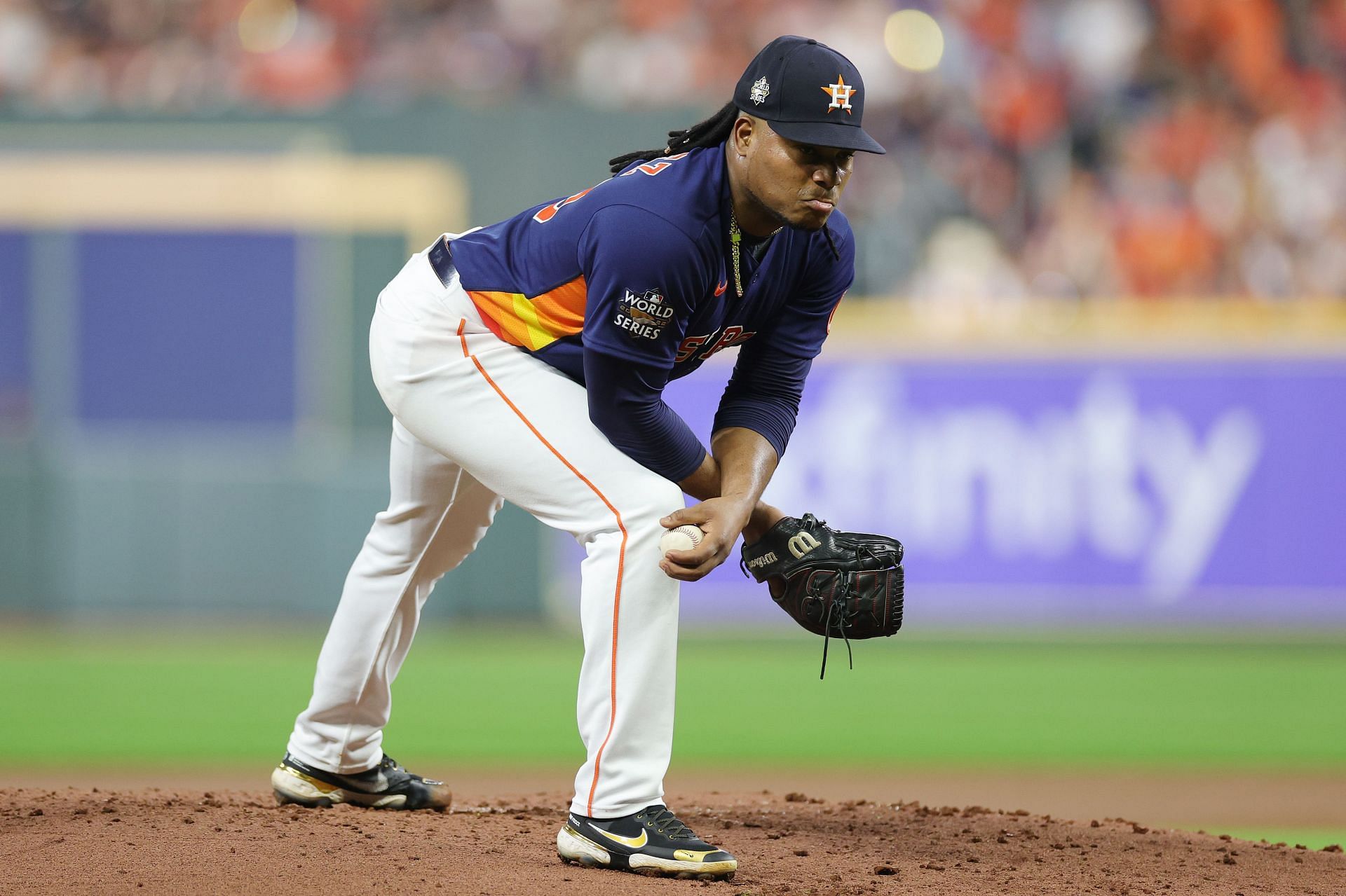 Framber Valdez of the Houston Astros prepares to deliver a pitch.