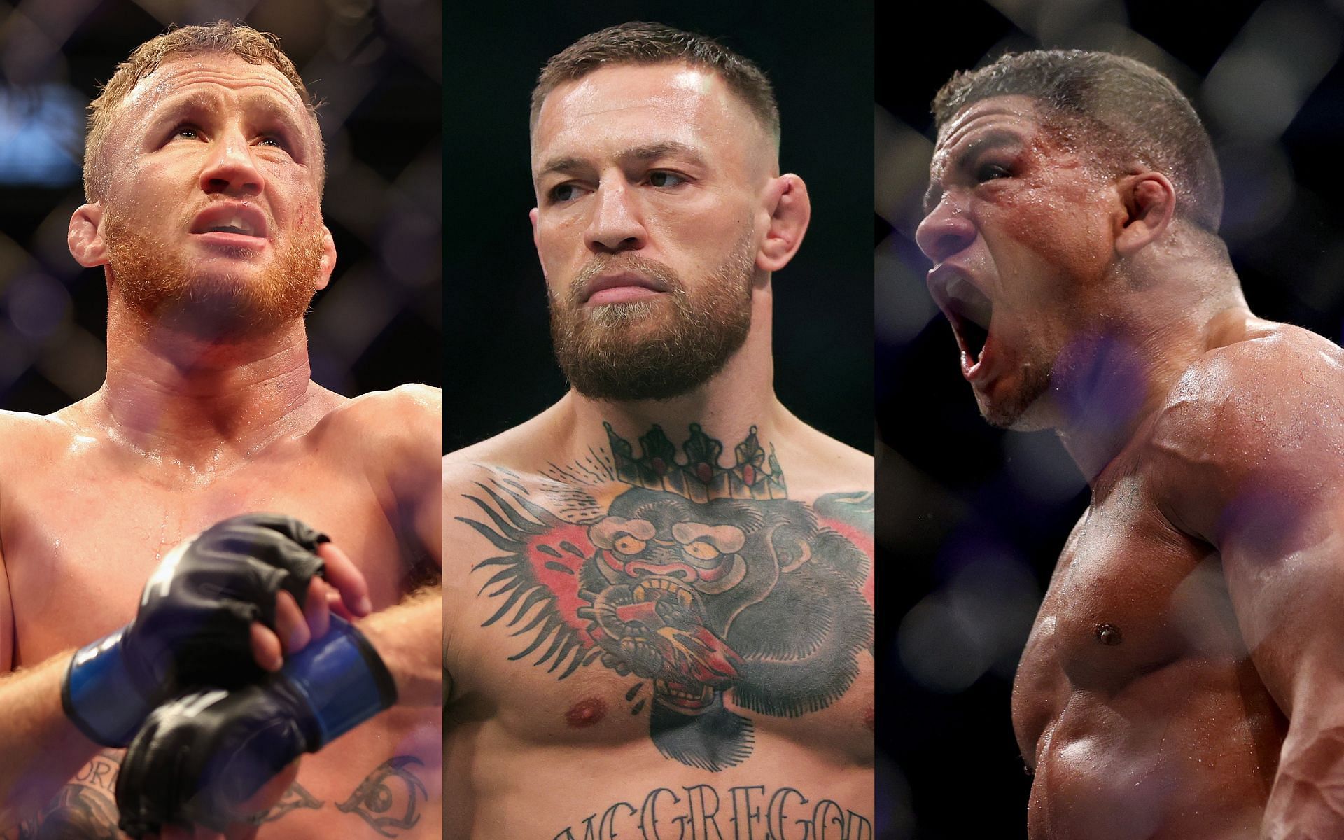 Justin Gaethje (left), Conor McGregor (centre), and Gilbert Burns (right). [via Getty Images]