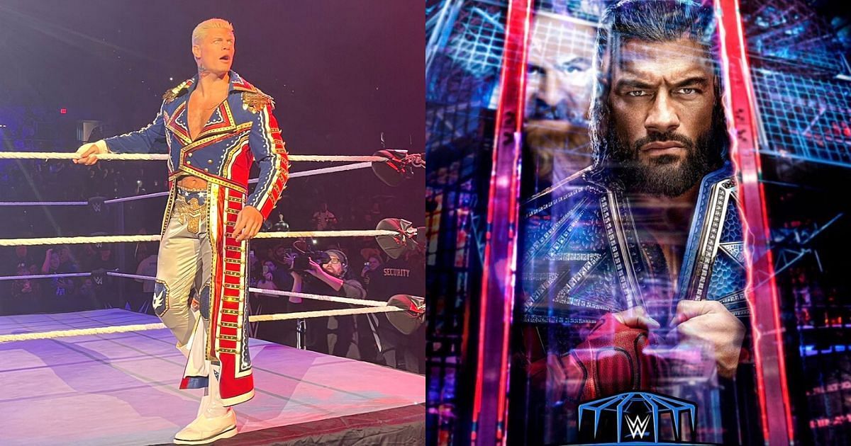 Cody Rhodes at the Columbus hosue show and the official Elimination Chamber 2023 promotional poster.