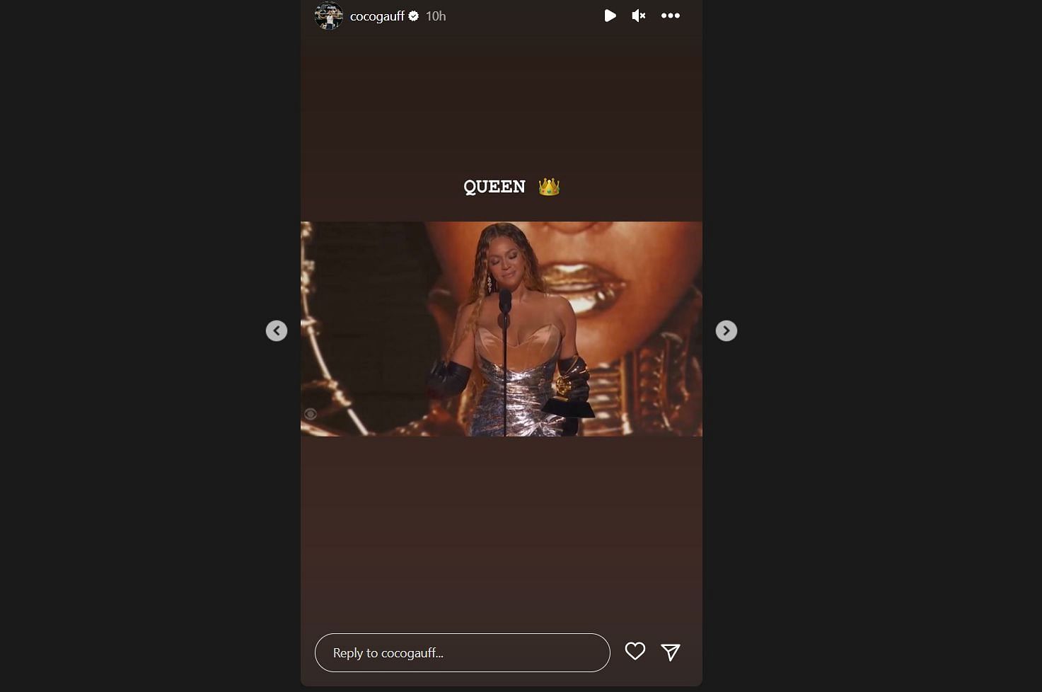 Coco Gauff reacts to Beyonce&#039;s 2023 Grammy win (Via Instagram).