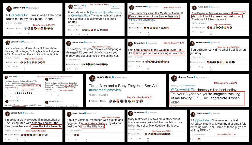 Screenshots of controversial tweets that led to Gunn&#039;s firing (Image via James Gunn&#039;s twitter)