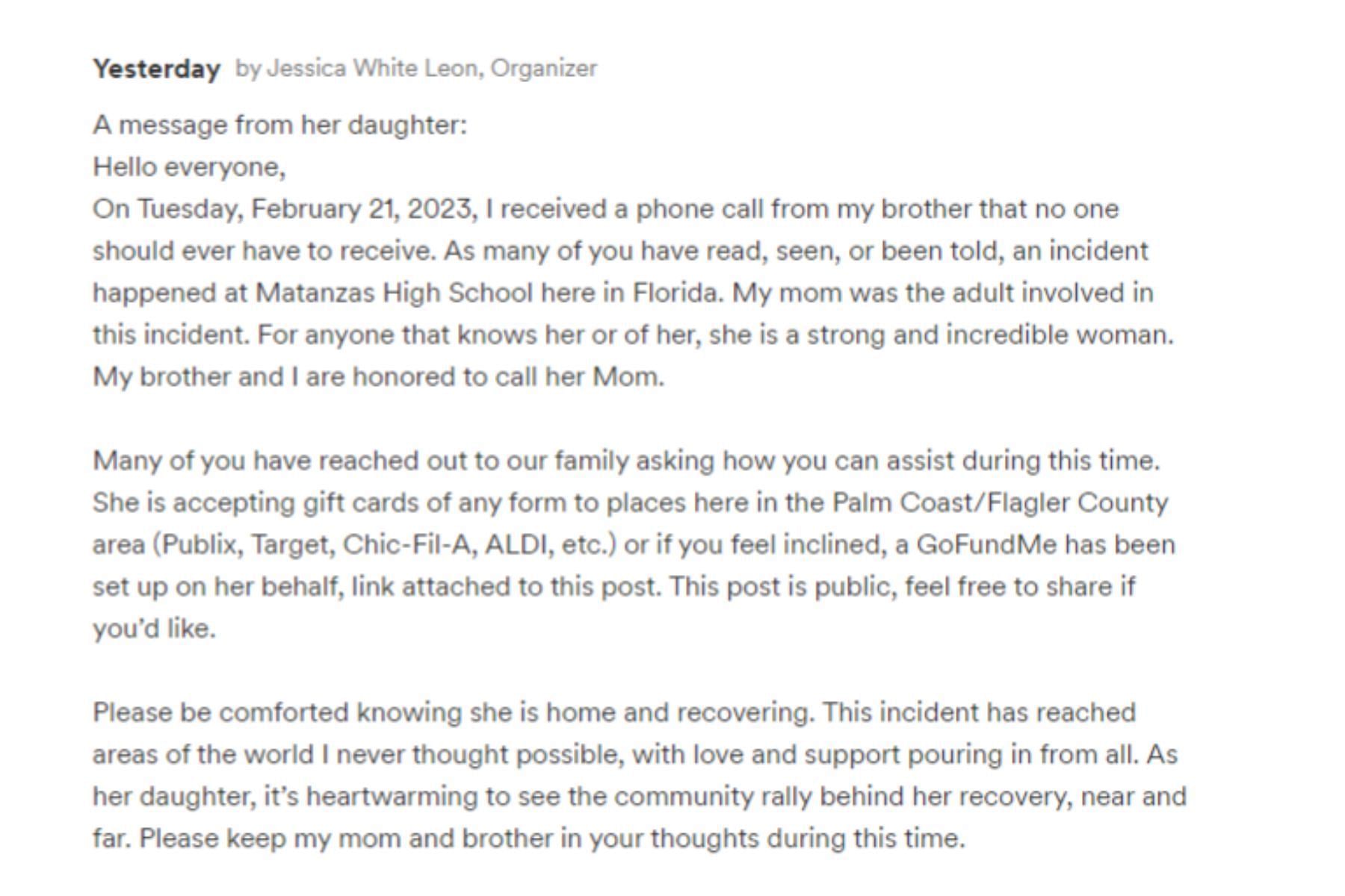 Joan&#039;s daughter&#039;s message on the fundraiser page (Image via GoFundMe)