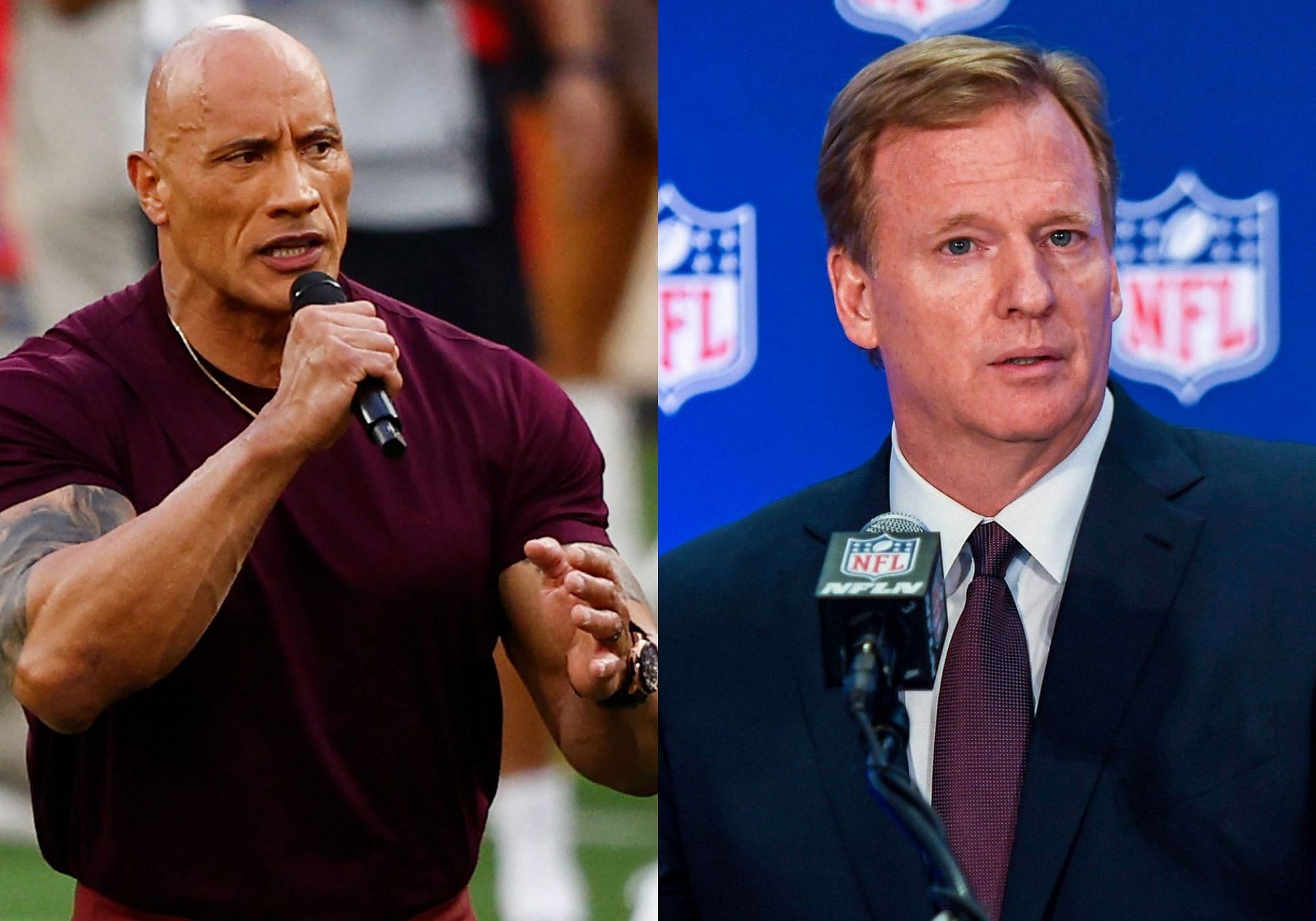 (L-to-R) Dwayne Johnson and Roger Goodell