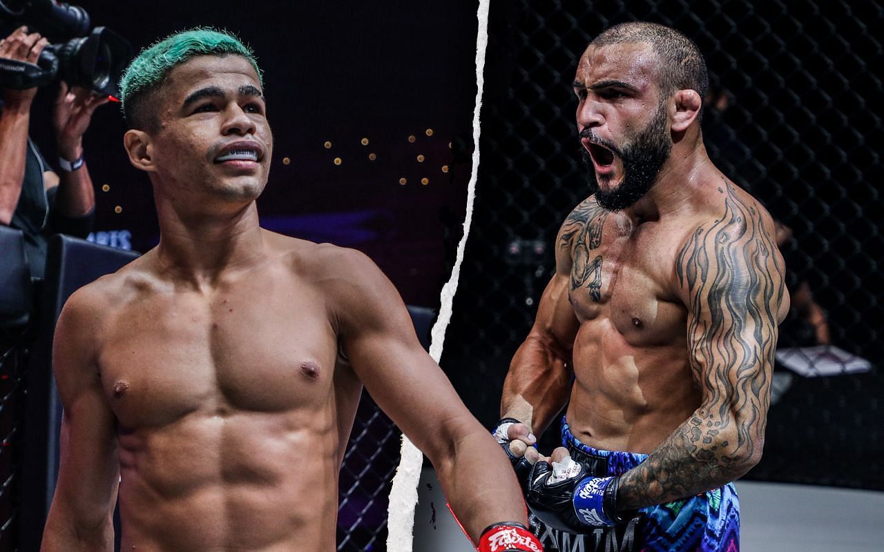 Fabricio Andrade (L) jokes about giving John Lineker (R) an extra steel cup at ONE Fight Night 7. | Photo by ONE Championship