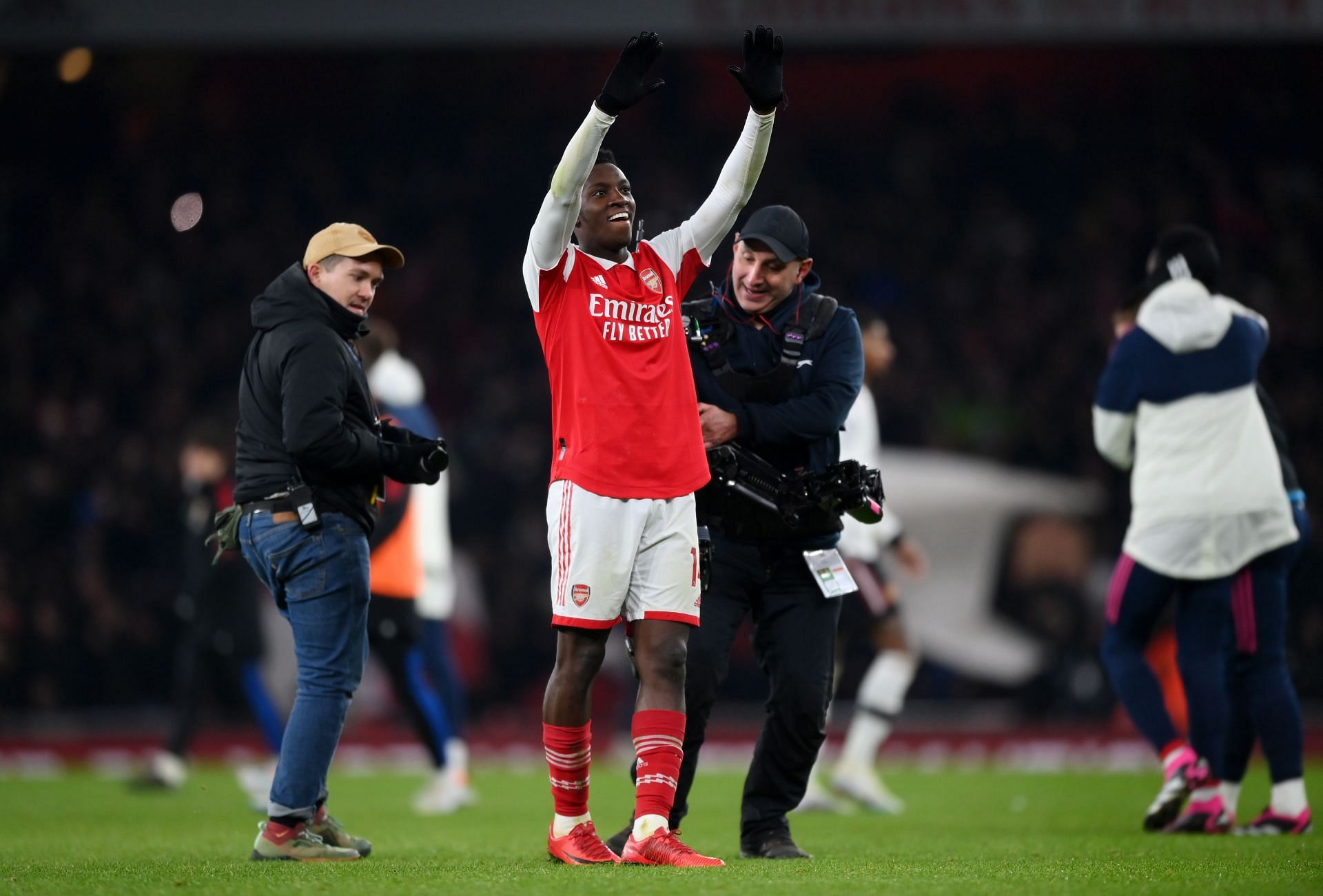 Eddie Nketiah celebrating after Arsenal's 3-2 victory over Manchester United