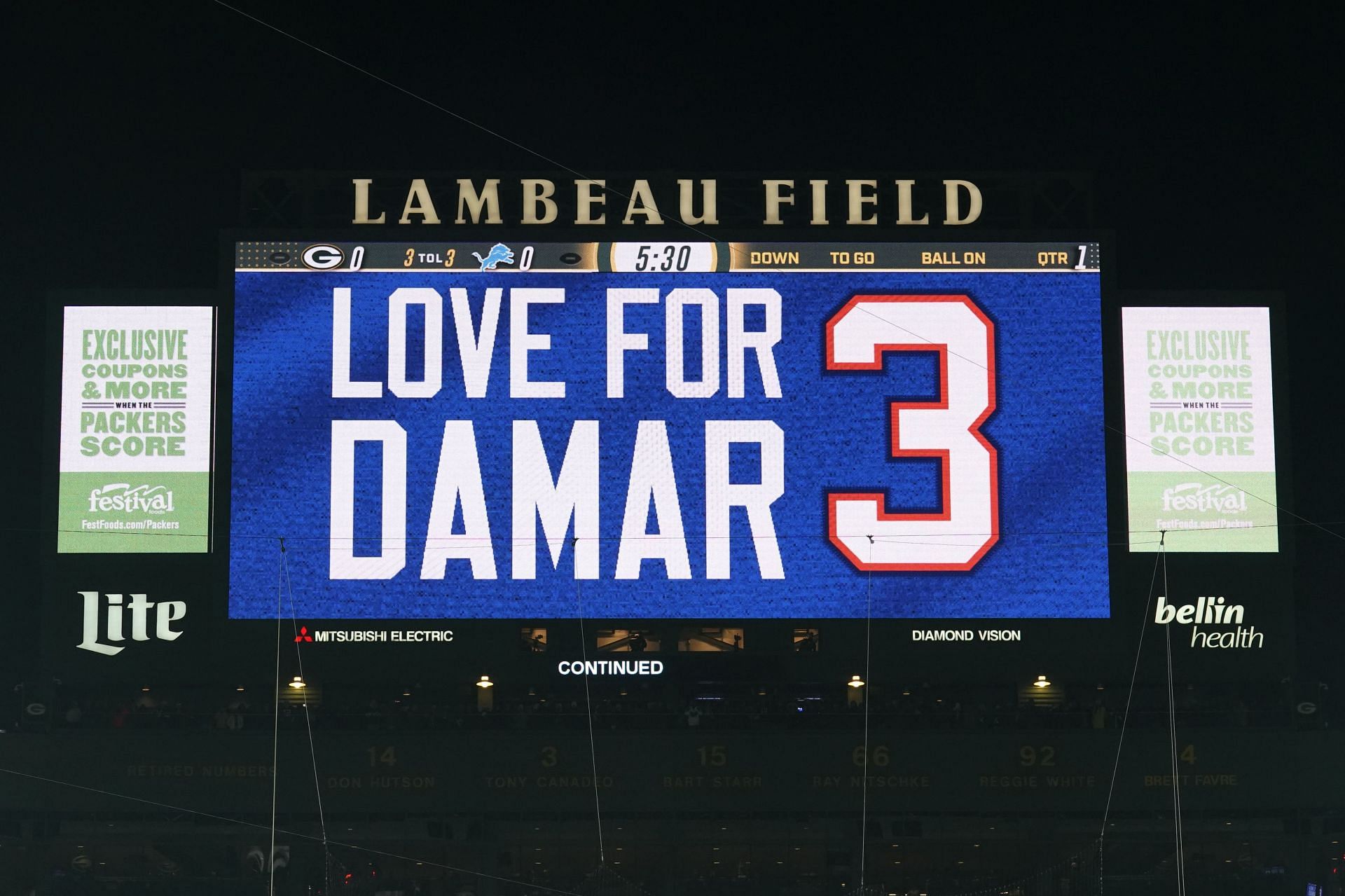 Sign for Damar Hamlin at Detroit Lions v Green Bay Packers