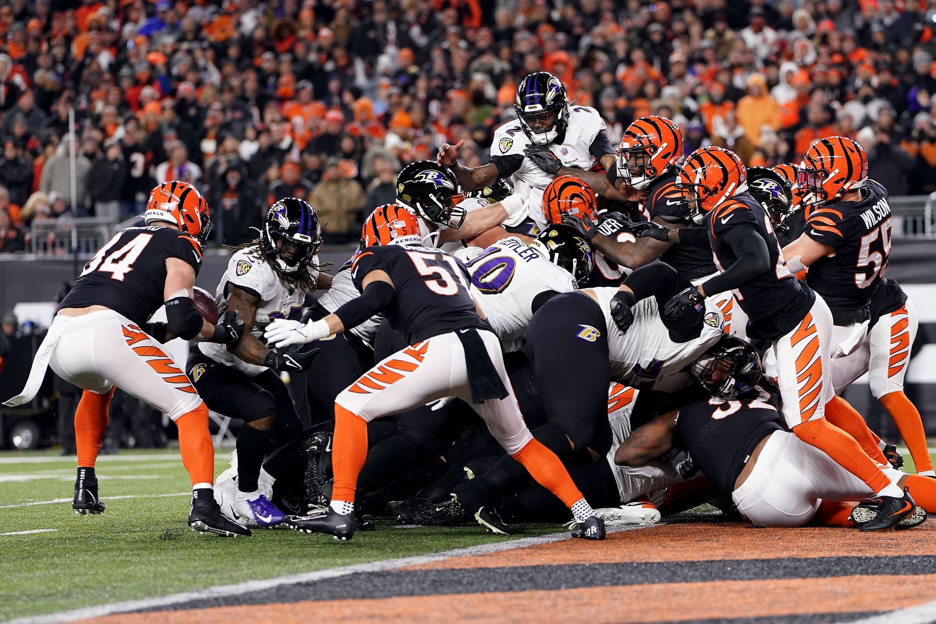 Tyler Huntley fumbles the ball on the 1-yard line, resulting in a game-defining defensive touchdown in the AFC Playoffs