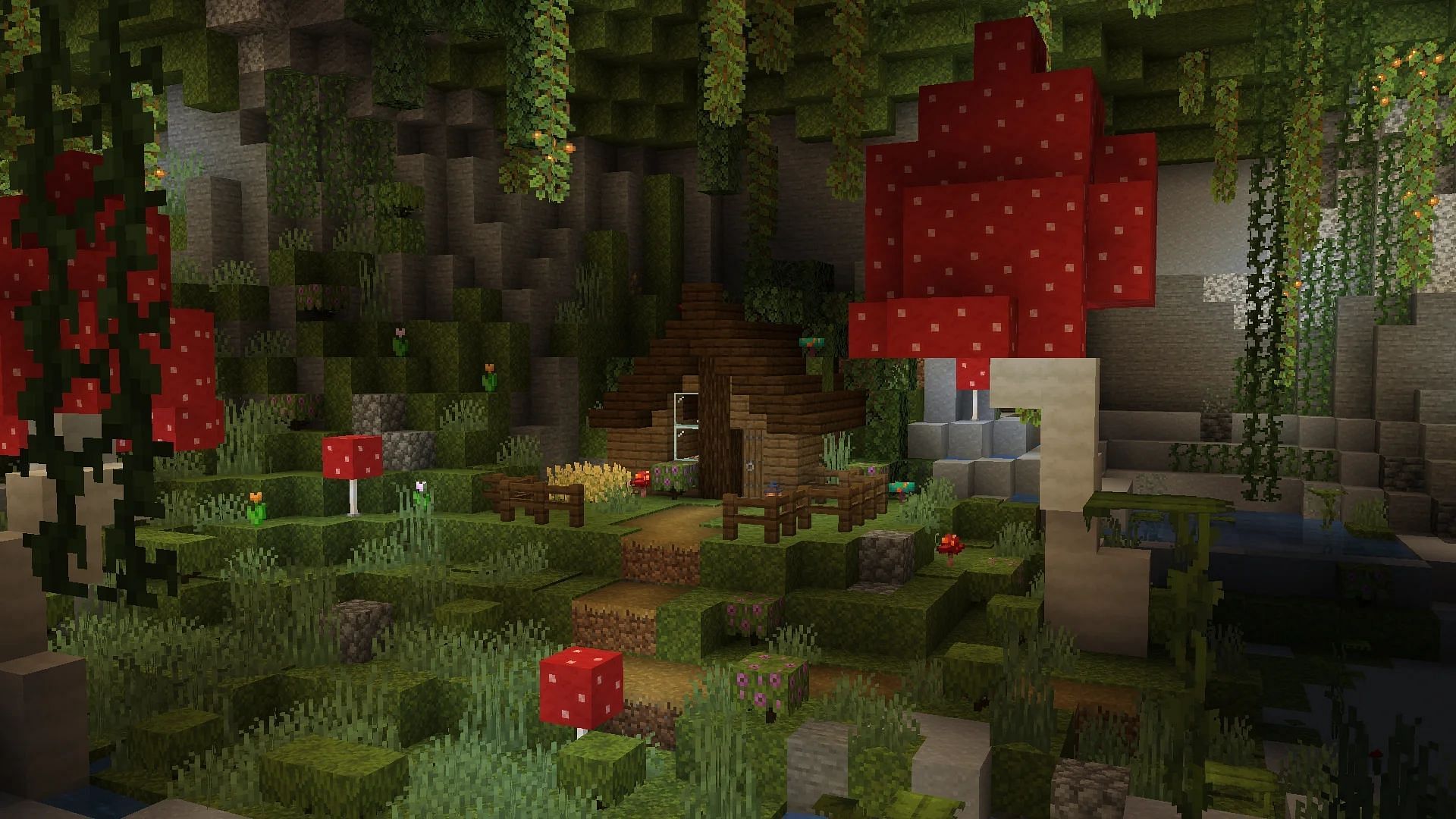 Lush Caves can be a perfect biome to build a cozy hut as a survival base in Minecraft (Image via Reddit / u/PlaidSCG)