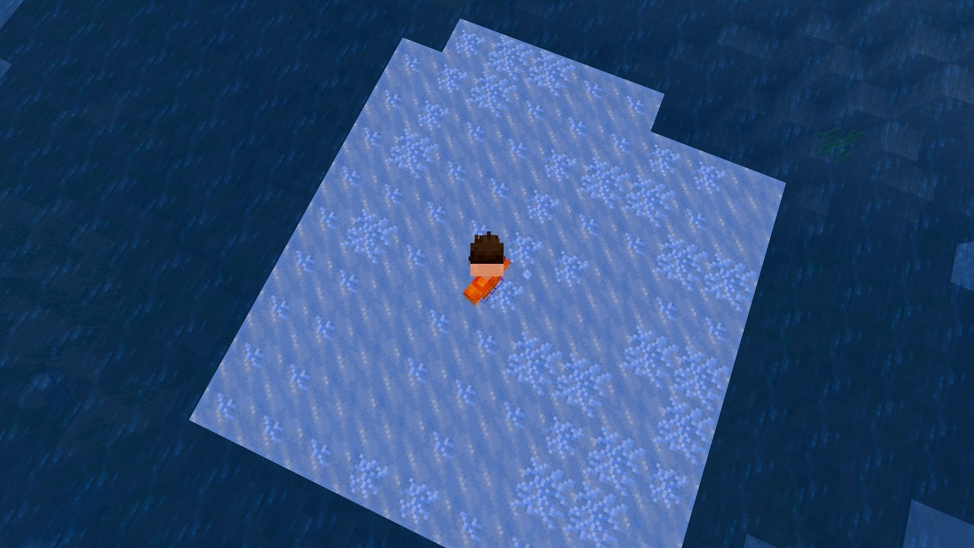 Frosted ice generating while walking on water in Minecraft with frost walker enchanted boots (Image via Mojang)
