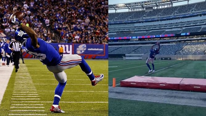 WATCH: Eli Manning recreates iconic OBJ one-handed catch with Michael B. Jordan