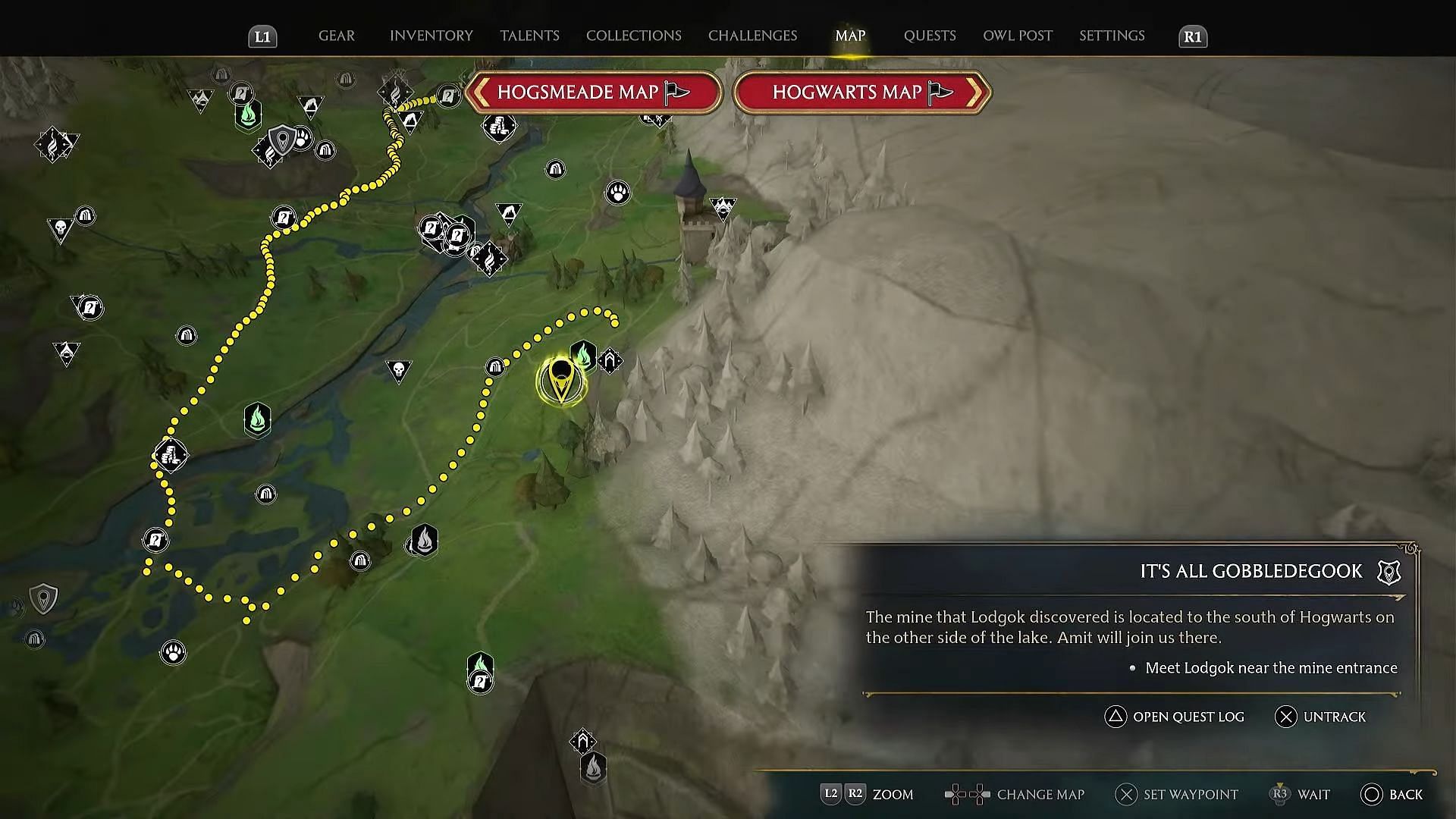 The location of the quest in the in-game map of Hogwarts Legacy (Image via YouTube/ZaFrostPet)