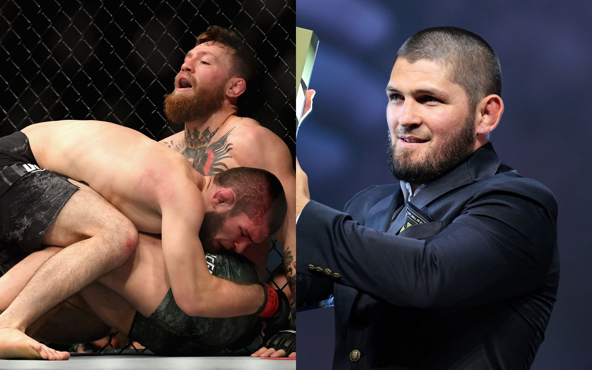 Khabib Nurmagomedov utilized his Sambo and grappling skills to tire Conor McGregor out en route to a submission win (Left); Nurmagomedov was inducted into the UFC Hall of Fame in 2022 (Right)