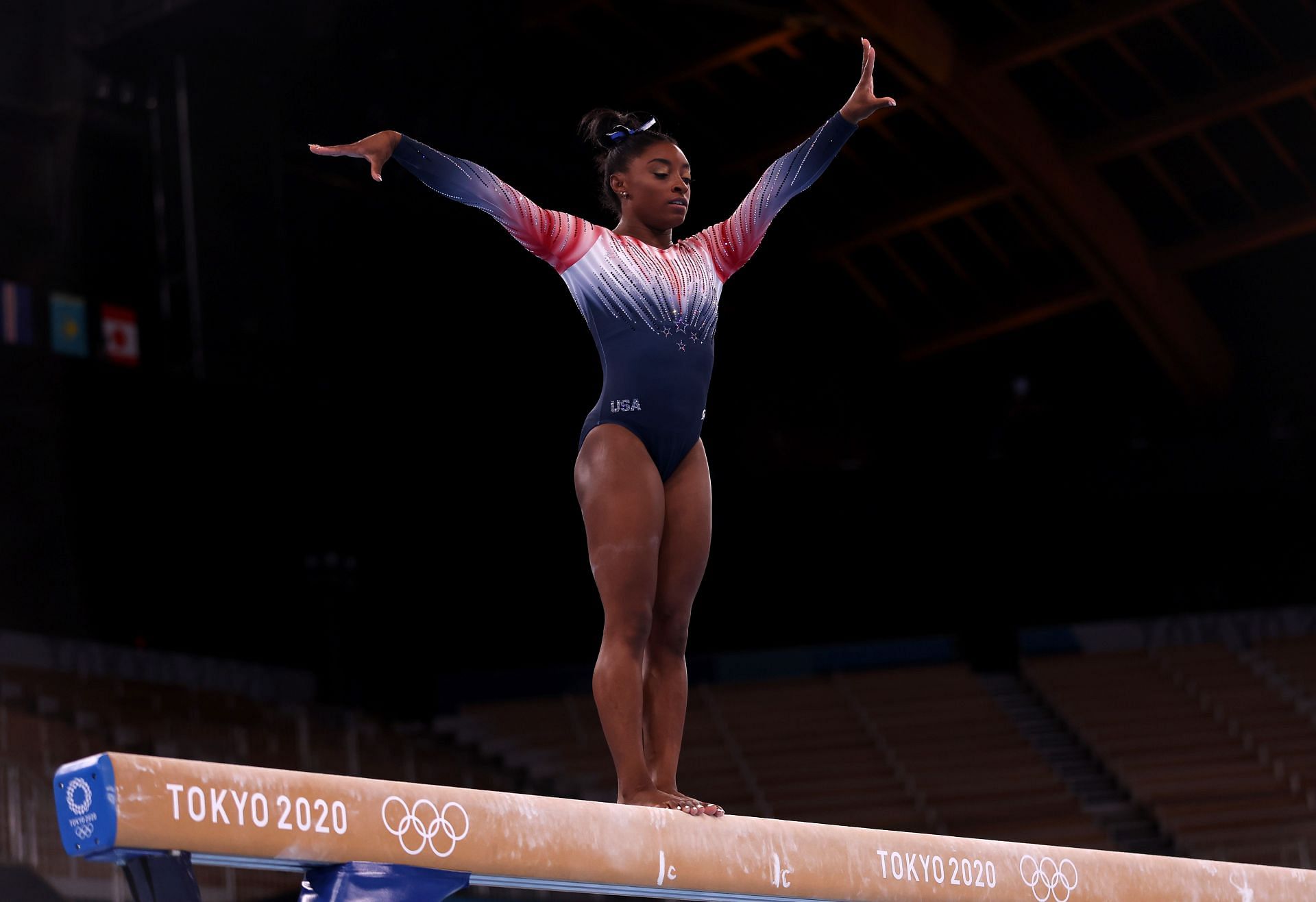 Simone Biles warms up prior to the Women&#039;s Balance Beam Final at the Tokyo 2020 Olympic Games