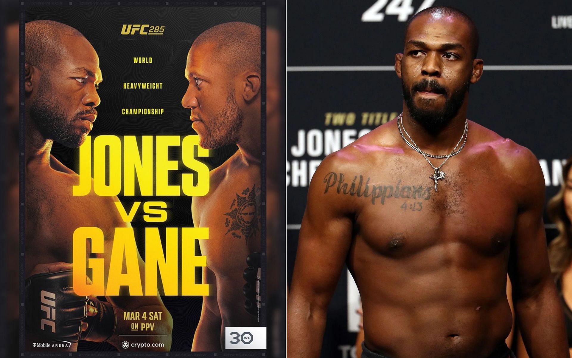 UFC 285 poster (Left), and Jon Jones (Right) [Photo credit: @ufc - Twitter]