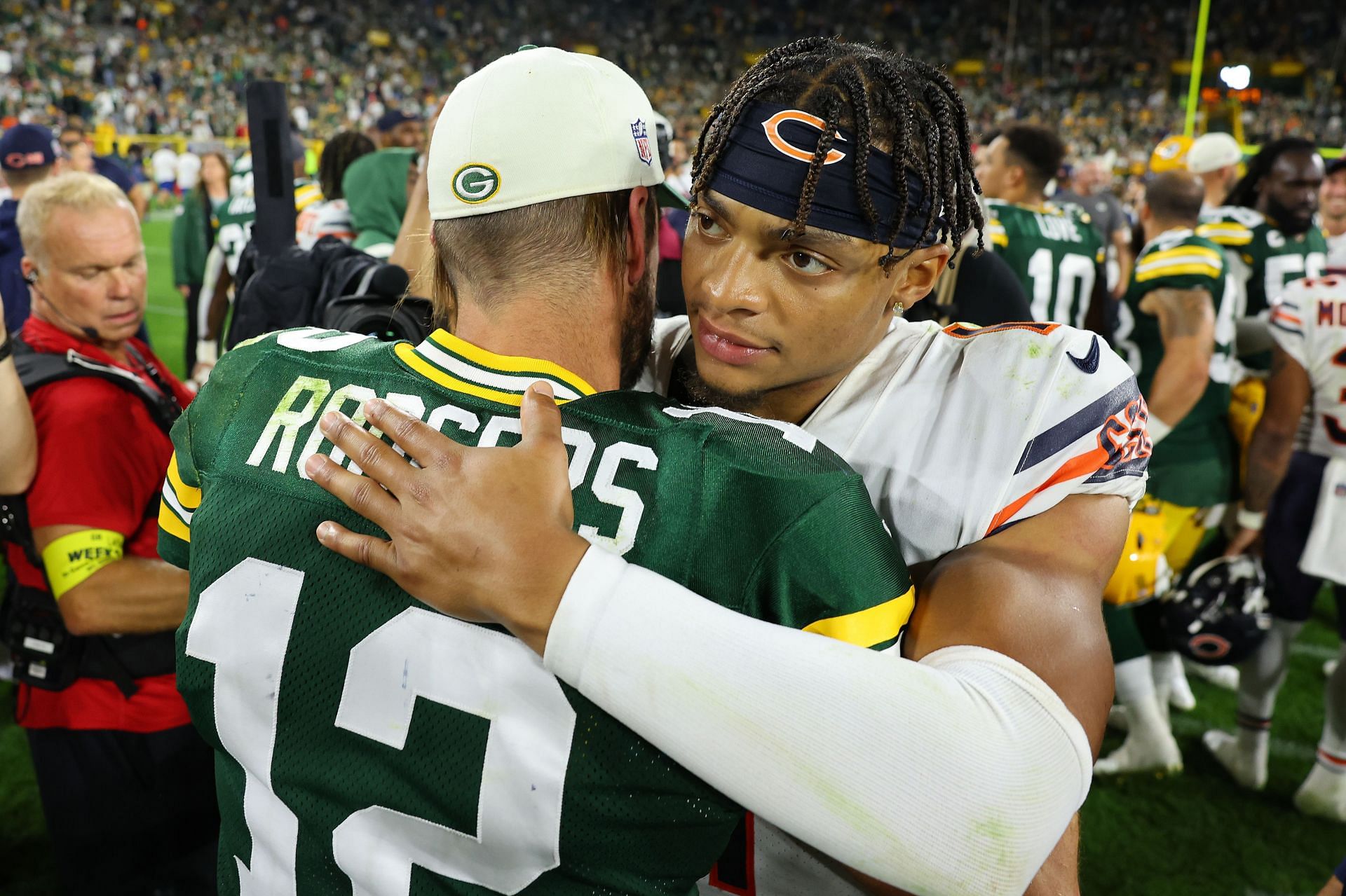 Aaron Rodgers and Justin Fields: Chicago Bears v Green Bay Packers