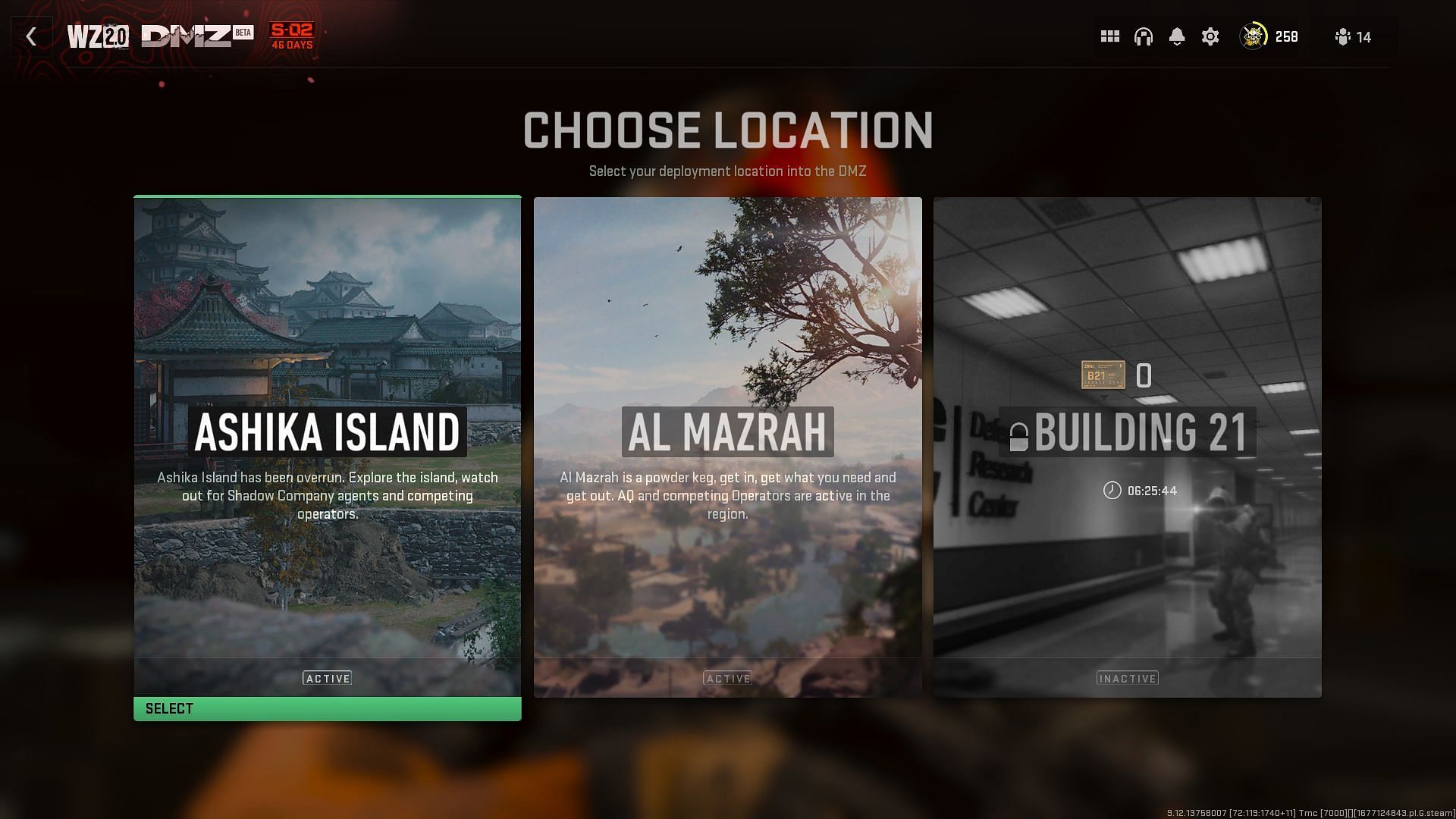 Selecting Ashika Island as the Exclusion Zone in Warzone 2&#039;s DMZ (Image via Activision)