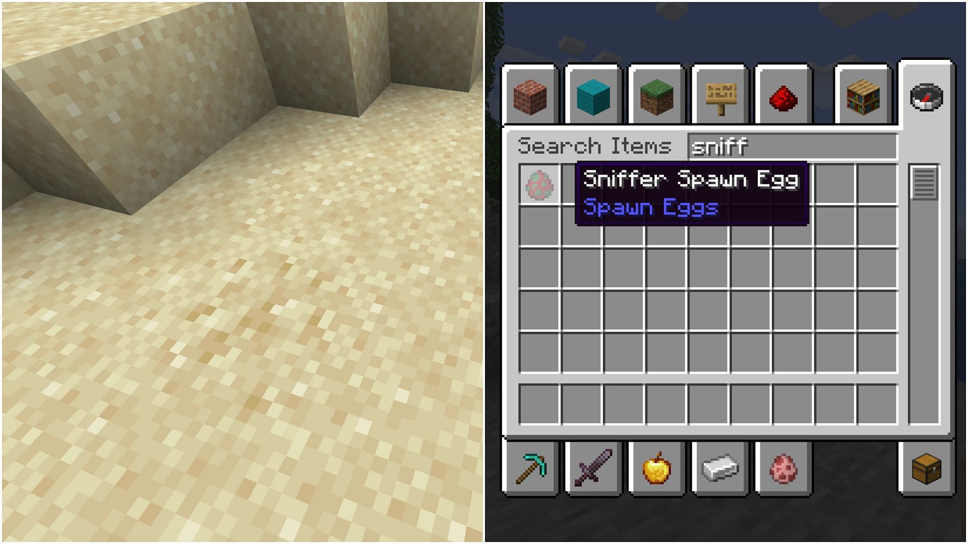 In Minecraft 1.20, Sniffer eggs can either be obtained by brushing suspicious sand or they can spawn through spawn eggs (Image via Sportskeeda)