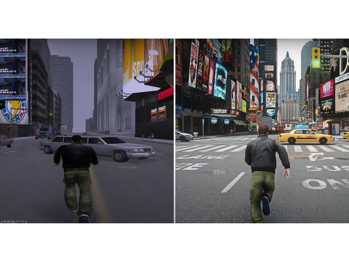 Comparison of the Star Junction in the original and Unreal Engine remaster of GTA 3 (Image via YouTube/INTER)