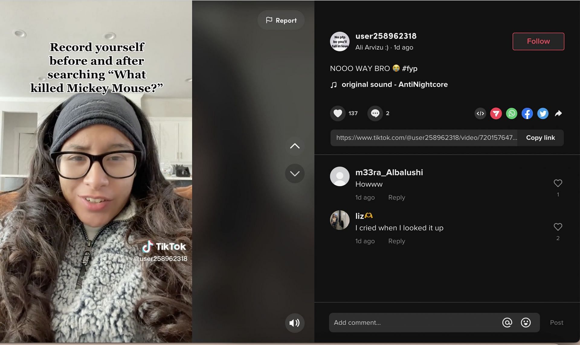 TikTokers shared videos reacting to the alleged reason behind Mickey&#039;s death. (Image via TikTok)