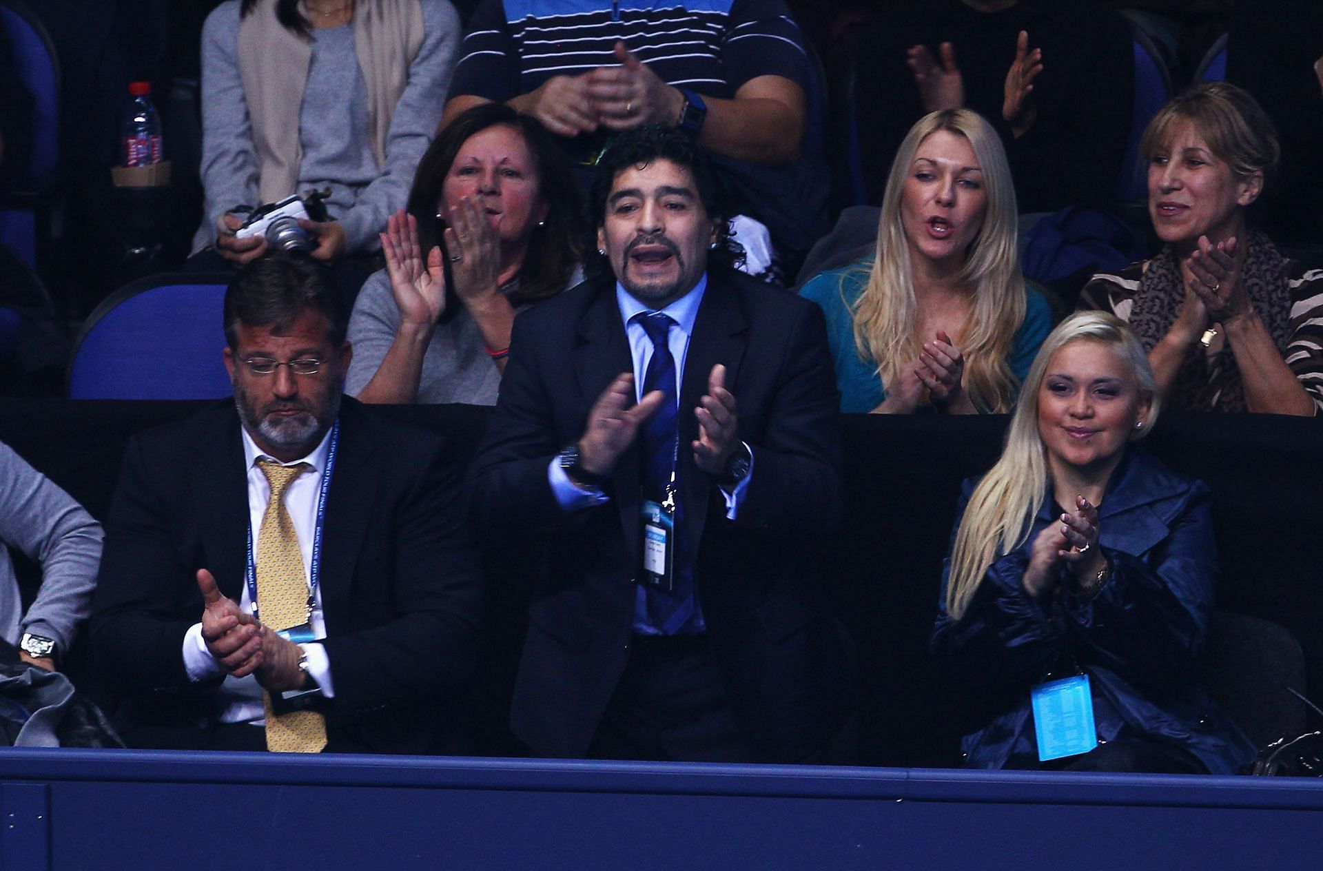 Diego Maradone watches Novak Djokovic take on Tomas Berdych at the 2010 ATP World Tour Finals.