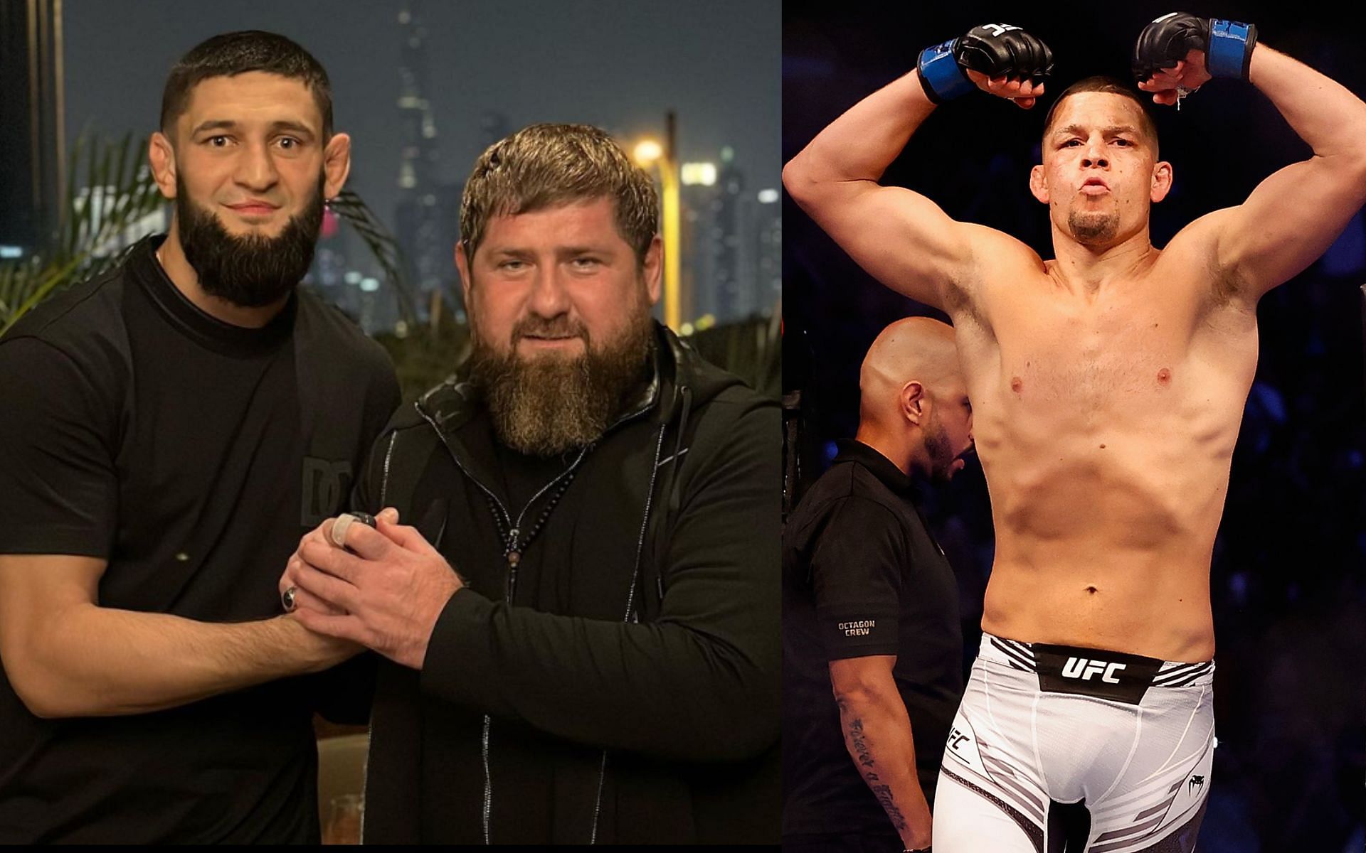 Khamzat Chimaev (left), Ramzan Kadyrov (centre), Nate Diaz (right) [Image courtesy of @khamzat_chimaev]
