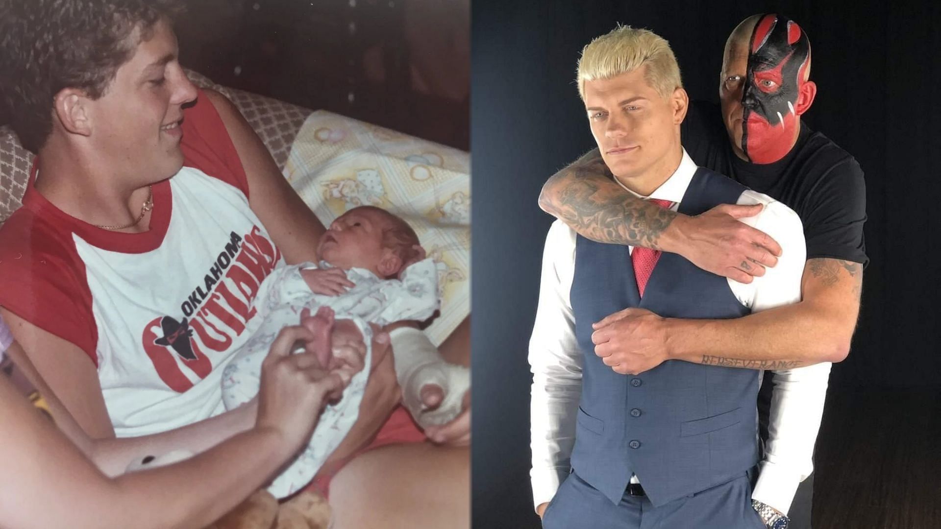 Dustin holding baby Cody (Left), the Rhodes brothers as adults (Right).