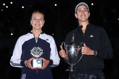 Anett Kontaveit (L) and Garbine Muguruza at the 2021 WTA Finals.