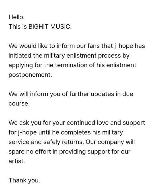 BIGHIT MUSIC confirms BTS' j-hope has initiated the military