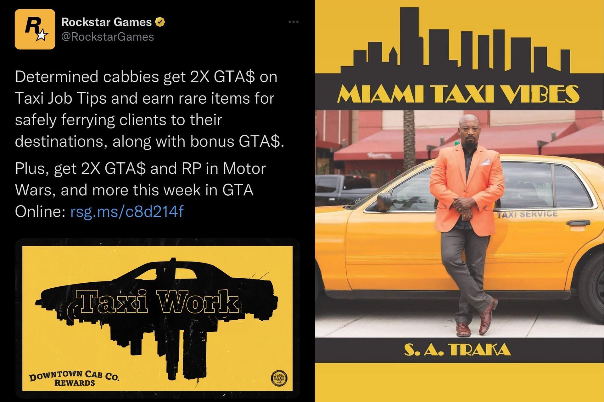 مقارنة بين ملصق وظائف Taxi Work وغلاف كتاب Miami Taxi Vibes (الصورة عبر Twitter / Gaming Detective)