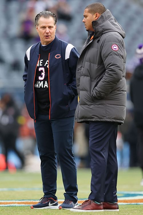 Matt Eberflus and Ryan Poles at the Minnesota Vikings vs. Chicago Bears game in Week 18