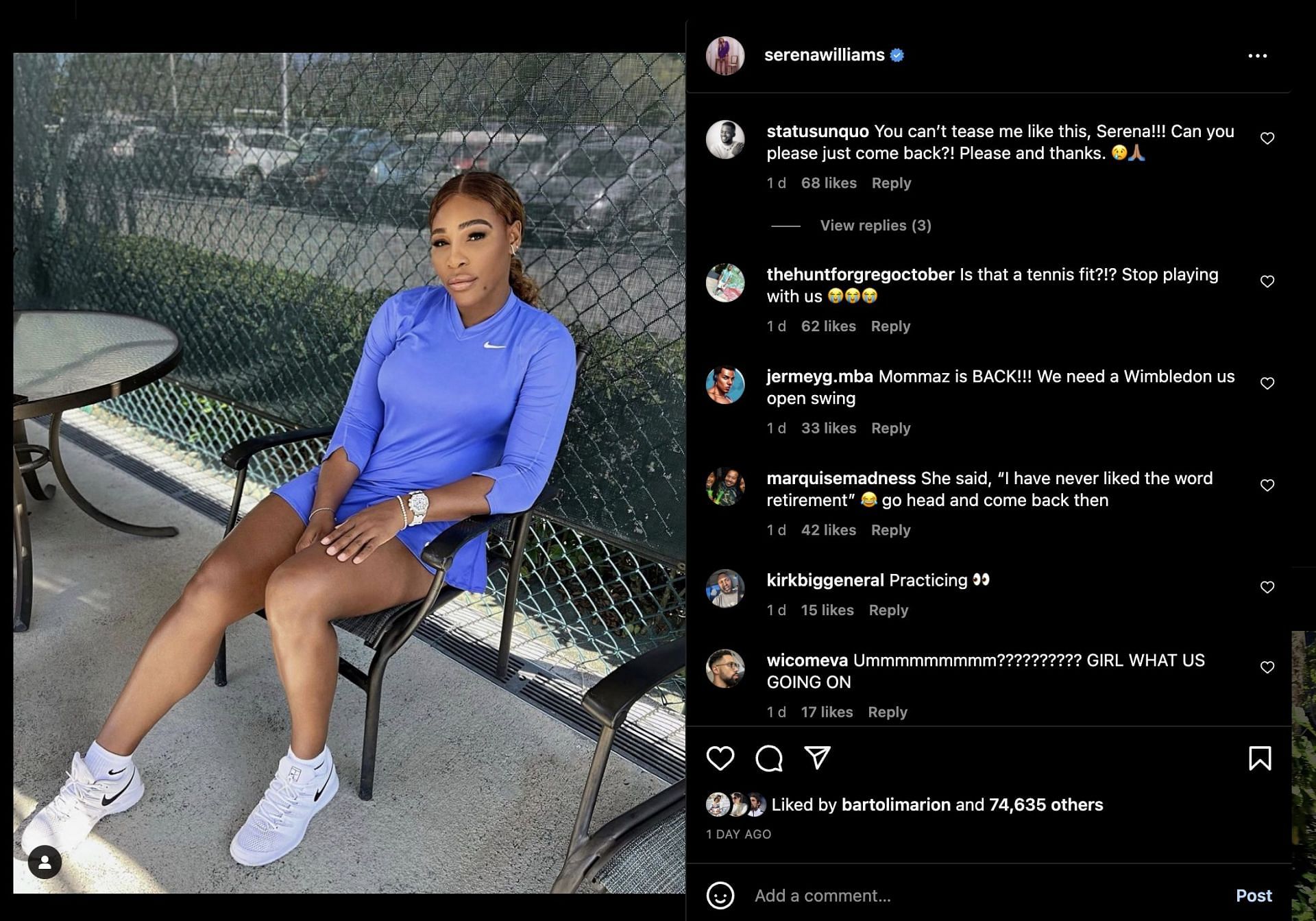 Fans react to Serena Williams posting a photo in a tennis kit.