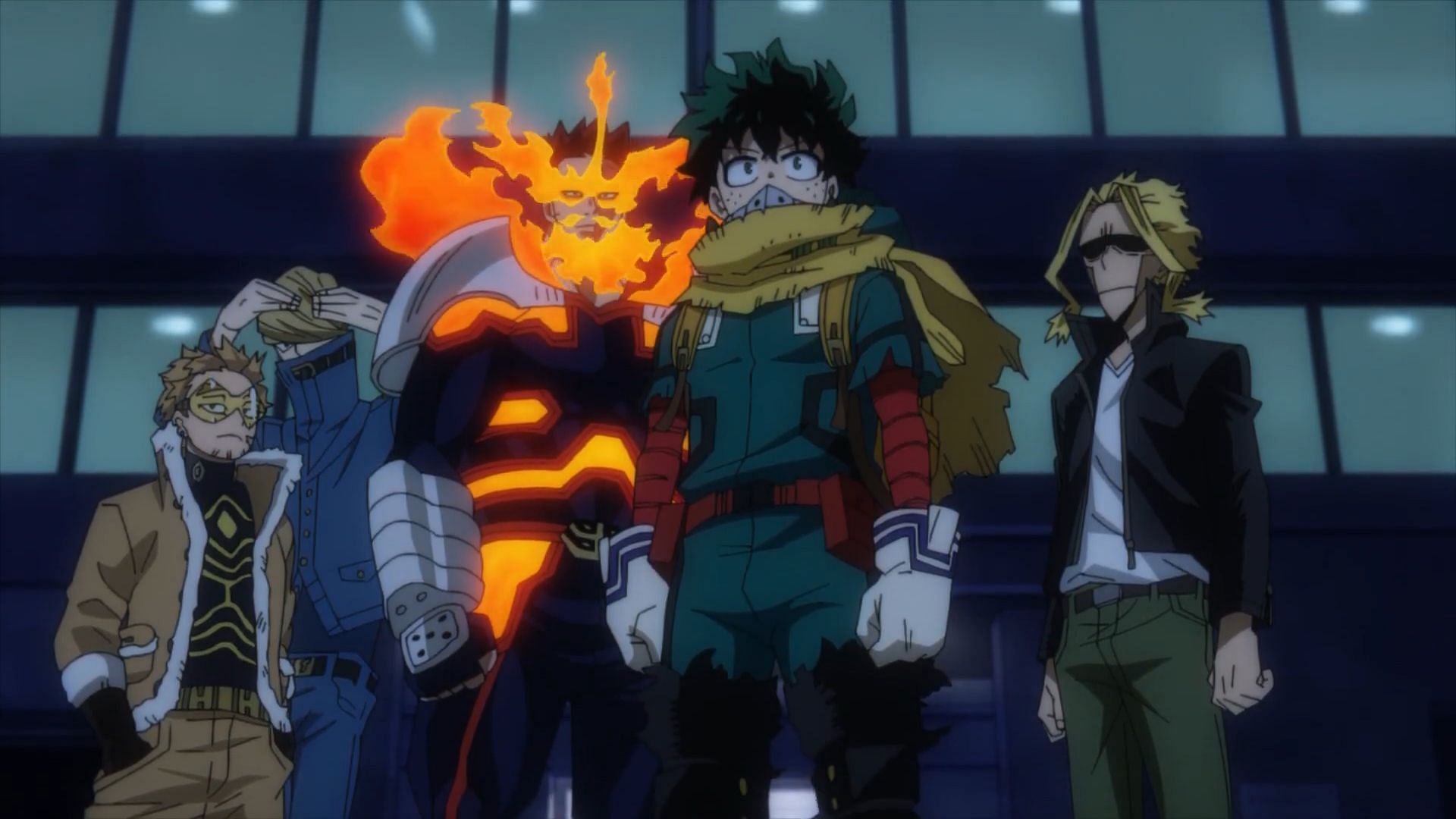 Midoriya teaming up with Endeavor, Hawks, Best Jeanist, and All Might (Image via BONES)