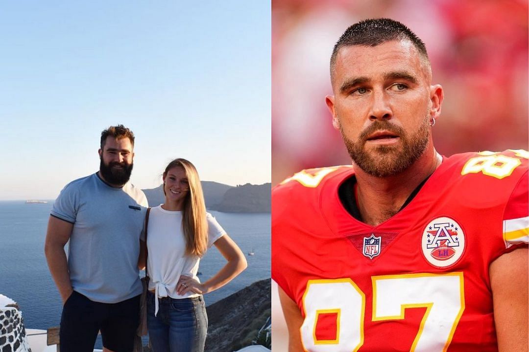 Eagles center Jason Kelce with wife Kylie (l) and Chiefs TE Travis Kelce (r)