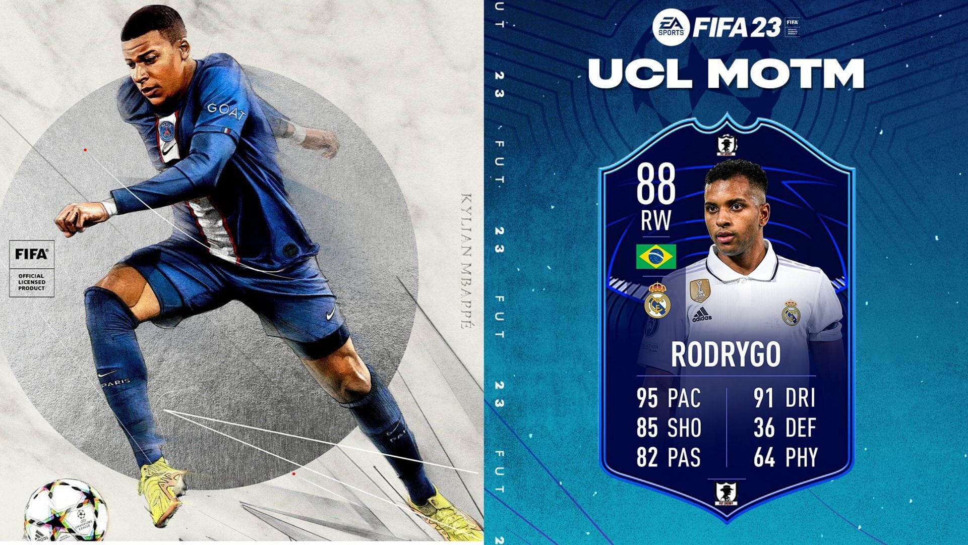 The Rodrygo UCL MOTM card could be extremely pacy in FIFA 23 Ultimate Team (Images via EA Sports, Twitter/FUT Sheriff)