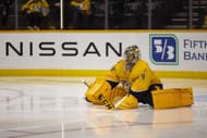 Juuse Saros during Calgary Flames v Nashville Predators match