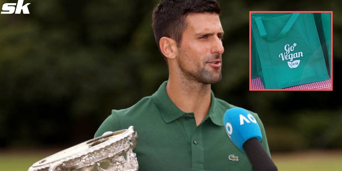 Novak Djokovic and the PETA logo on a tote bag