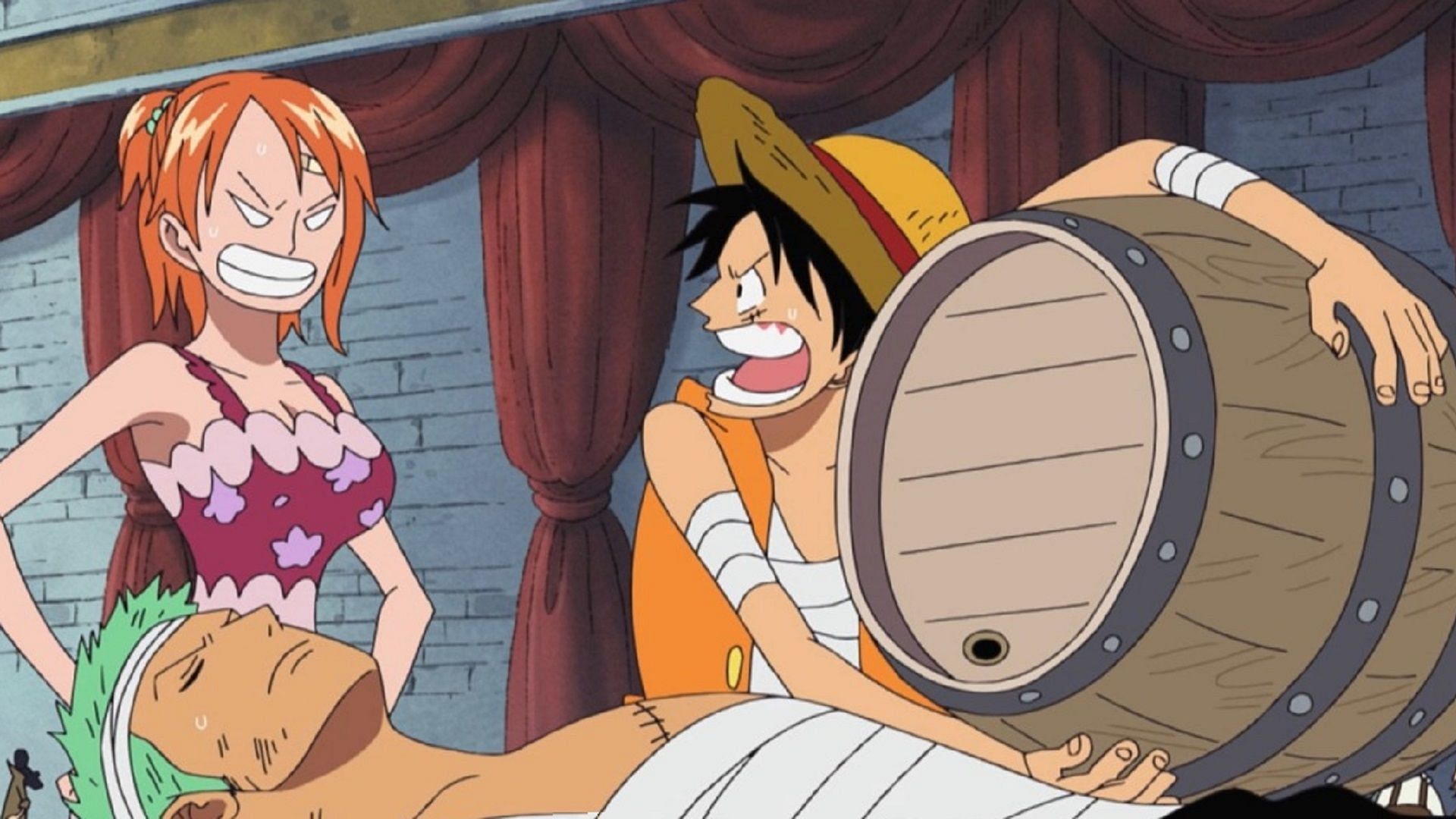 To help Zoro heal faster from the consequences of the incident with Kuma, Luffy tried to make him drink sake (Image via Toei Animation, One Piece)