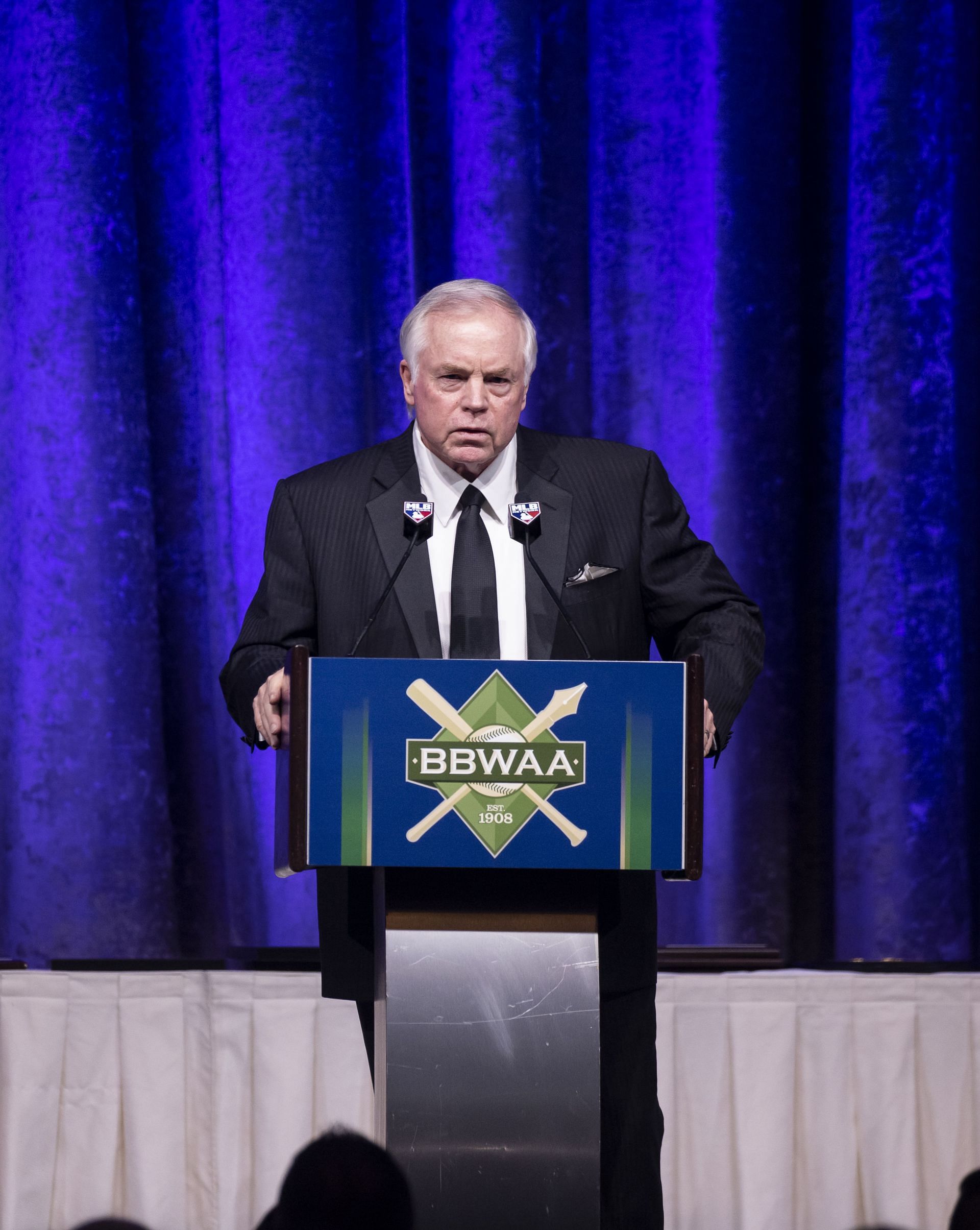Buck Showalter speaks receiving the National League Manager of the Year during the 2023 Baseball Writers&#039; Association of America awards dinner at New York Hilton on January 28, 2023 in New York City.