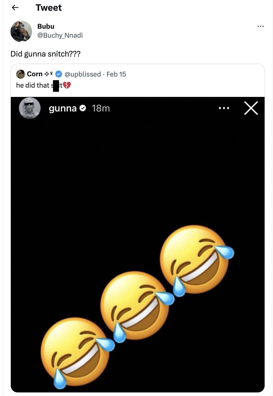 Social media users accused the rapper of snitching, and giving the inside information to the gang members. (Image via Bubu/ Twitter)