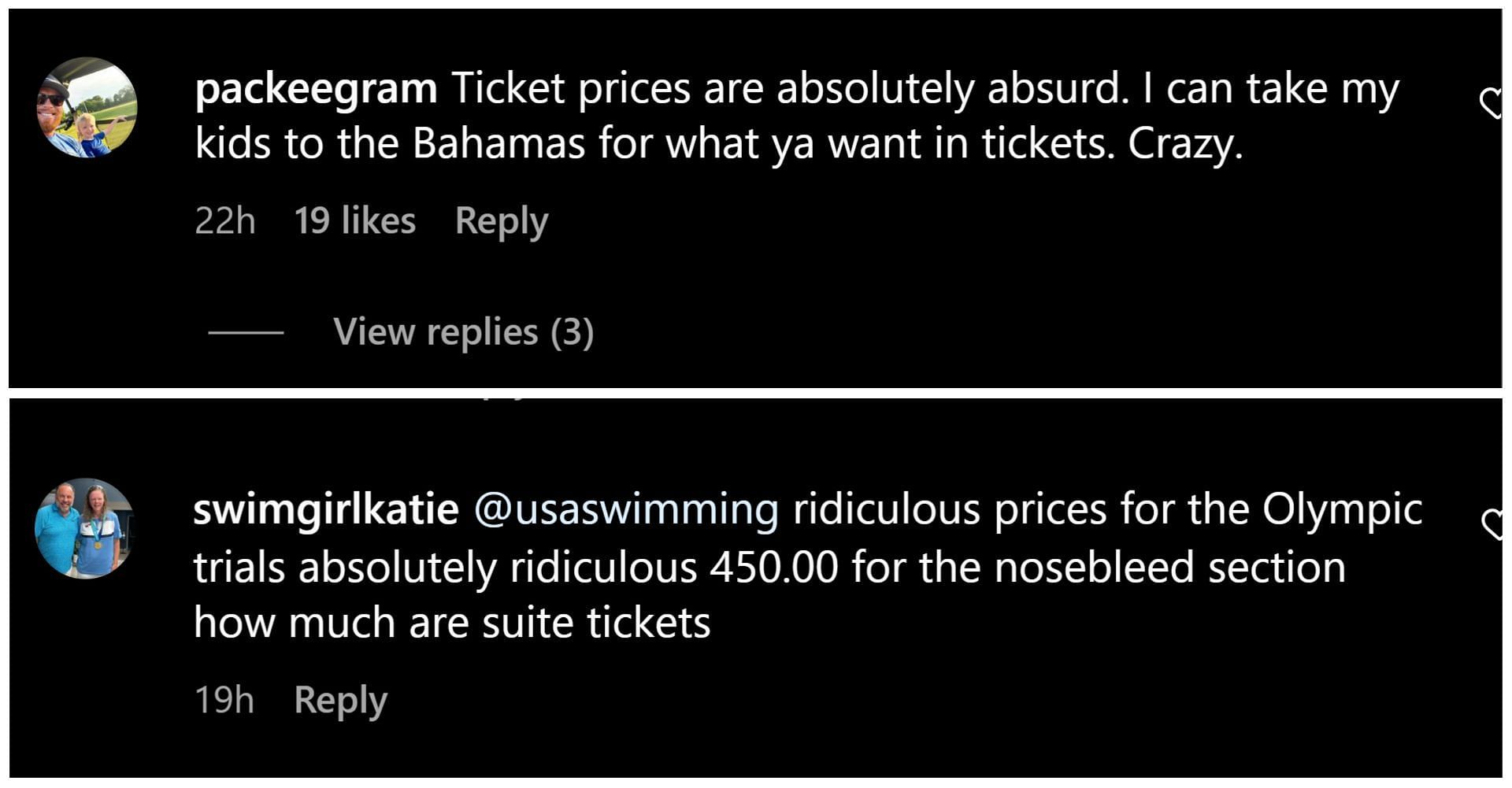 Fans take to the comments section to complain about the ticket prices for the 2024 National Olympic Trials: Image via Instagram (@usaswimming)