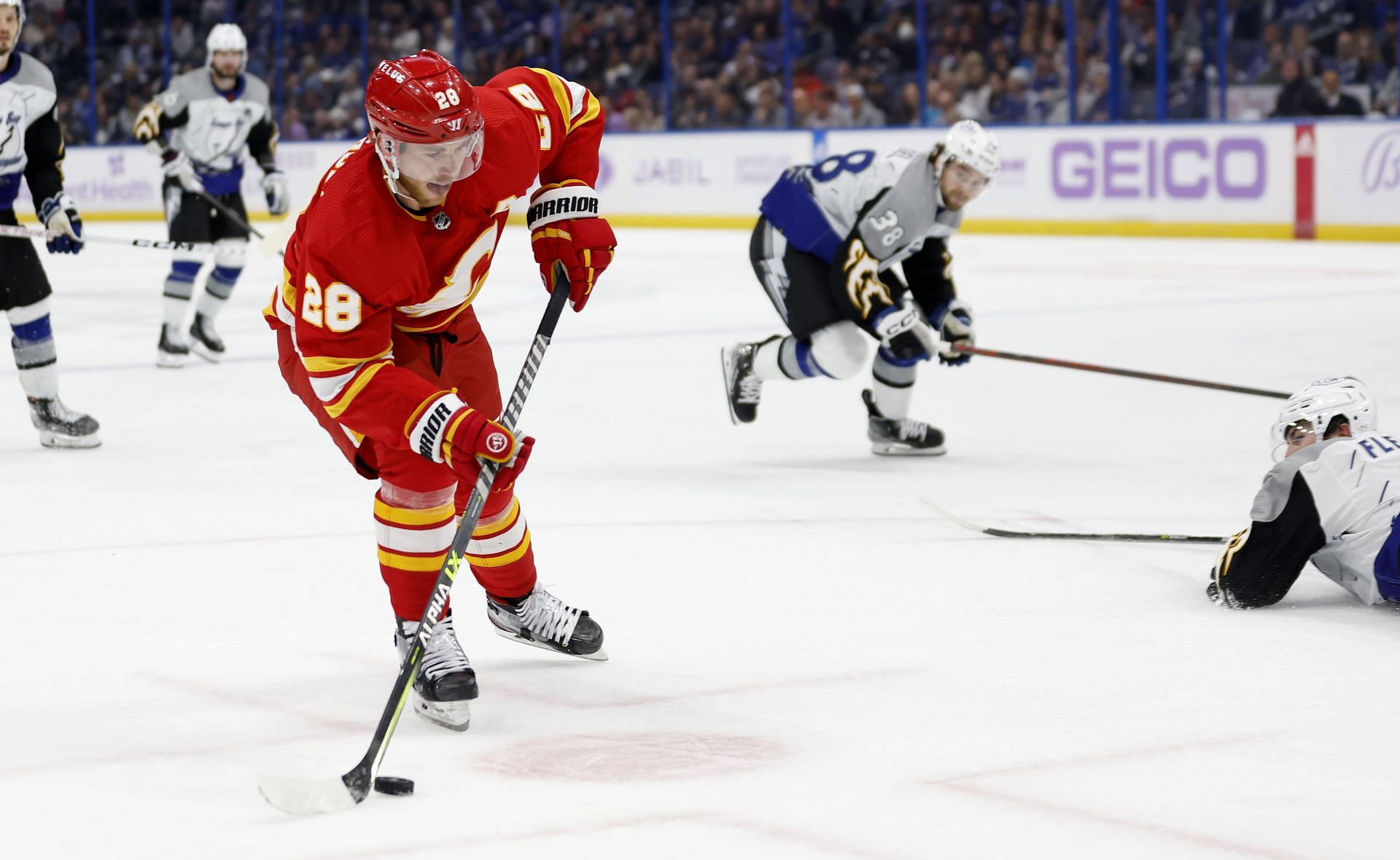 Elias Lindholm #28 of the Calgary Flames (Photo by Mike Ehrmann/Getty Images)