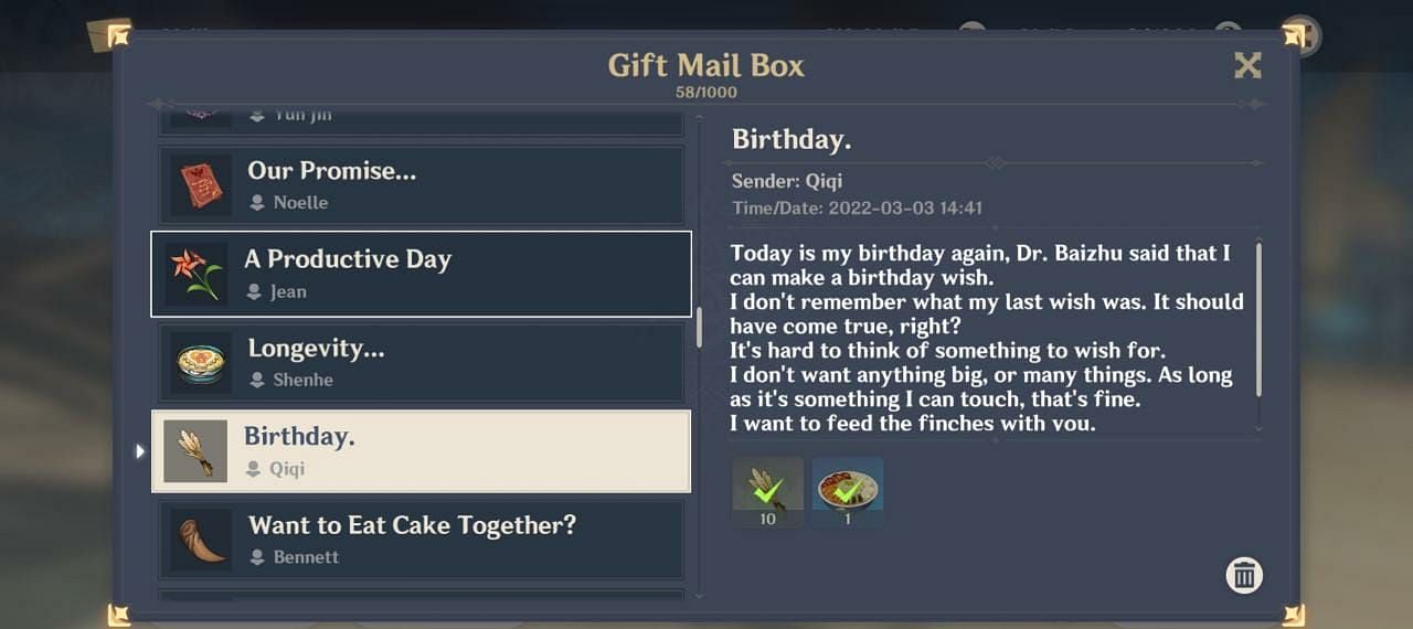 Qiqi&#039;s birthday mail in 2022 (Image via Genshin Impact)