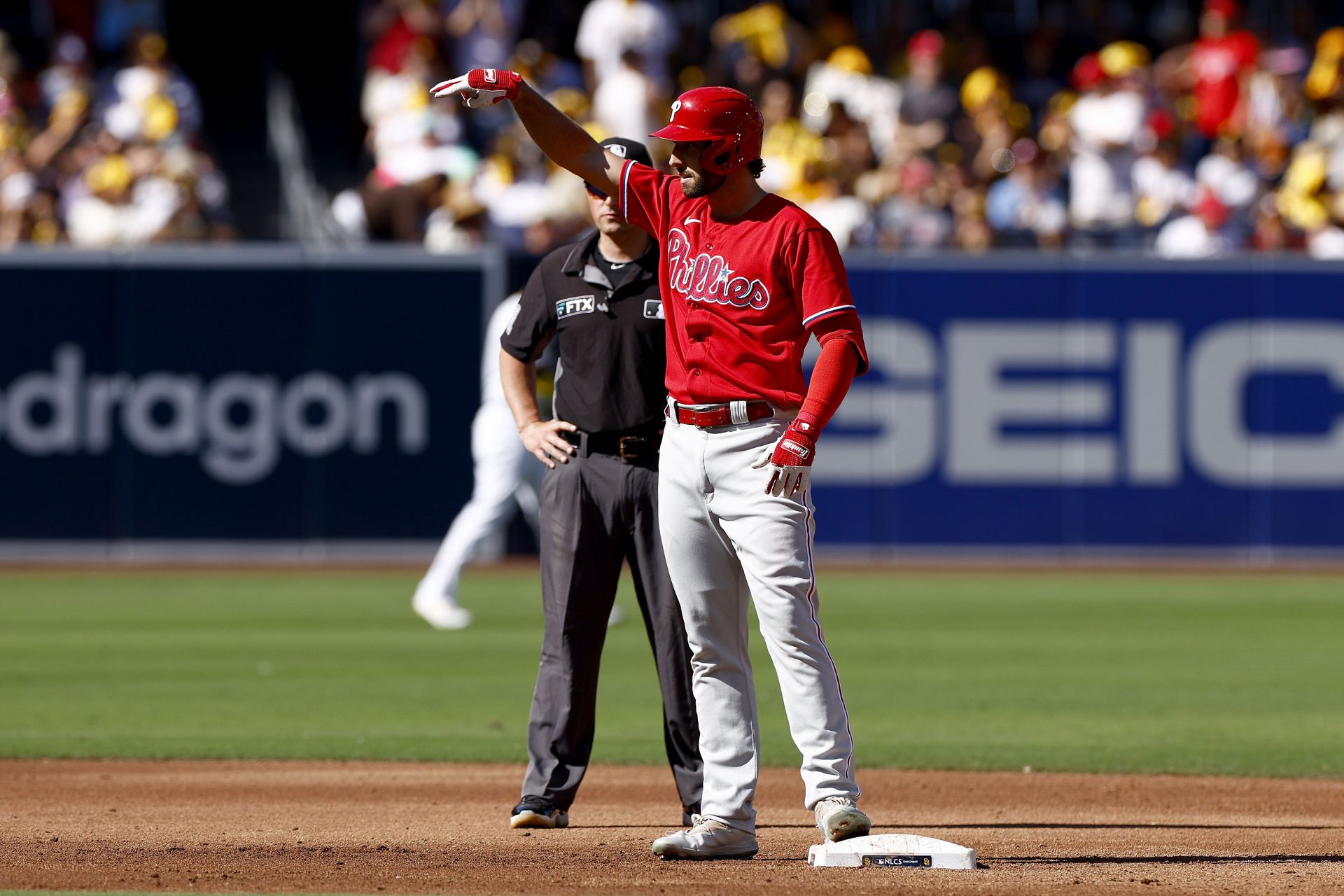 Matt Vierling #19 of the Philadelphia Phillies reacts at second base