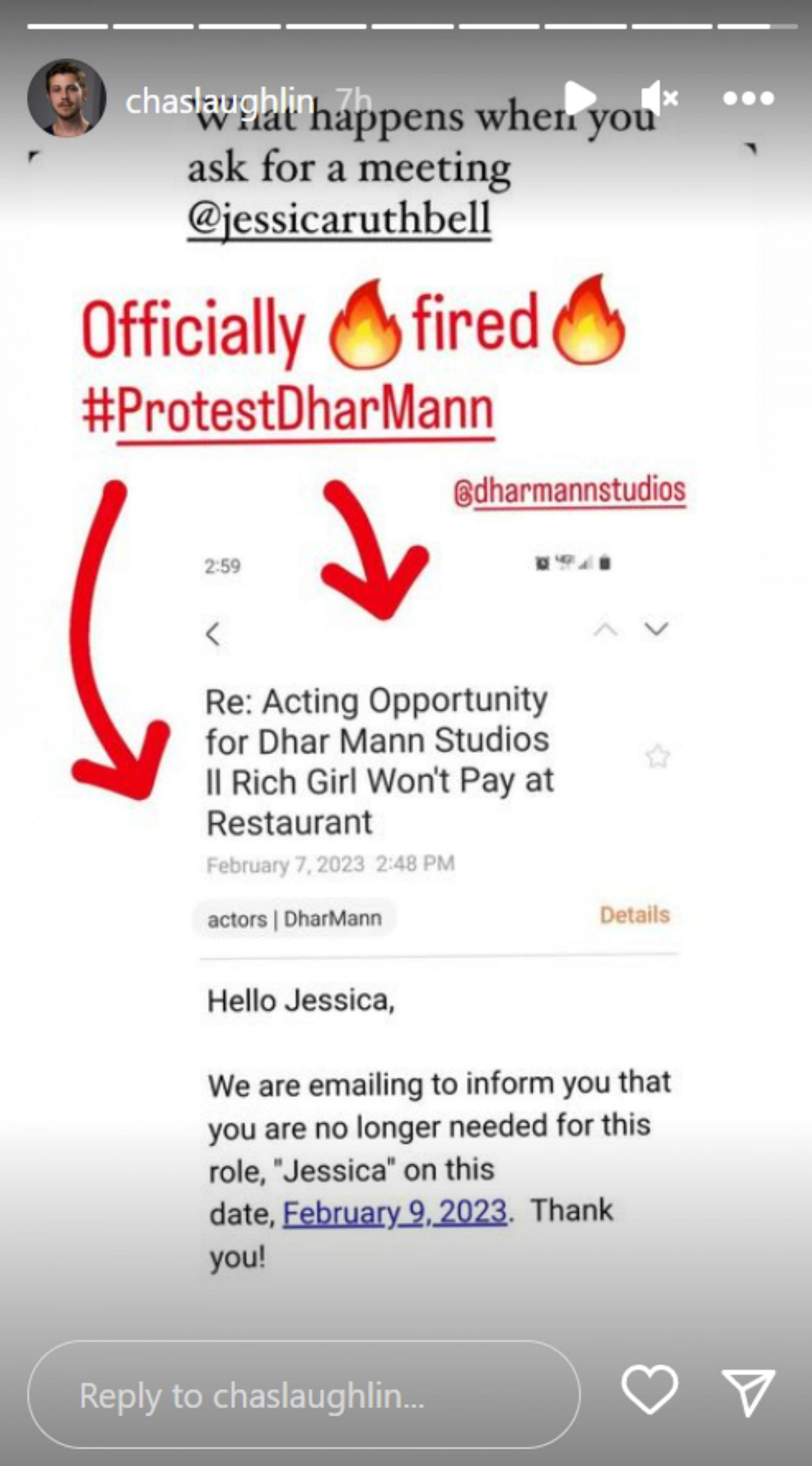 Actor fired after requesting for a meeting (Image via chaslaughlin/Instagram)