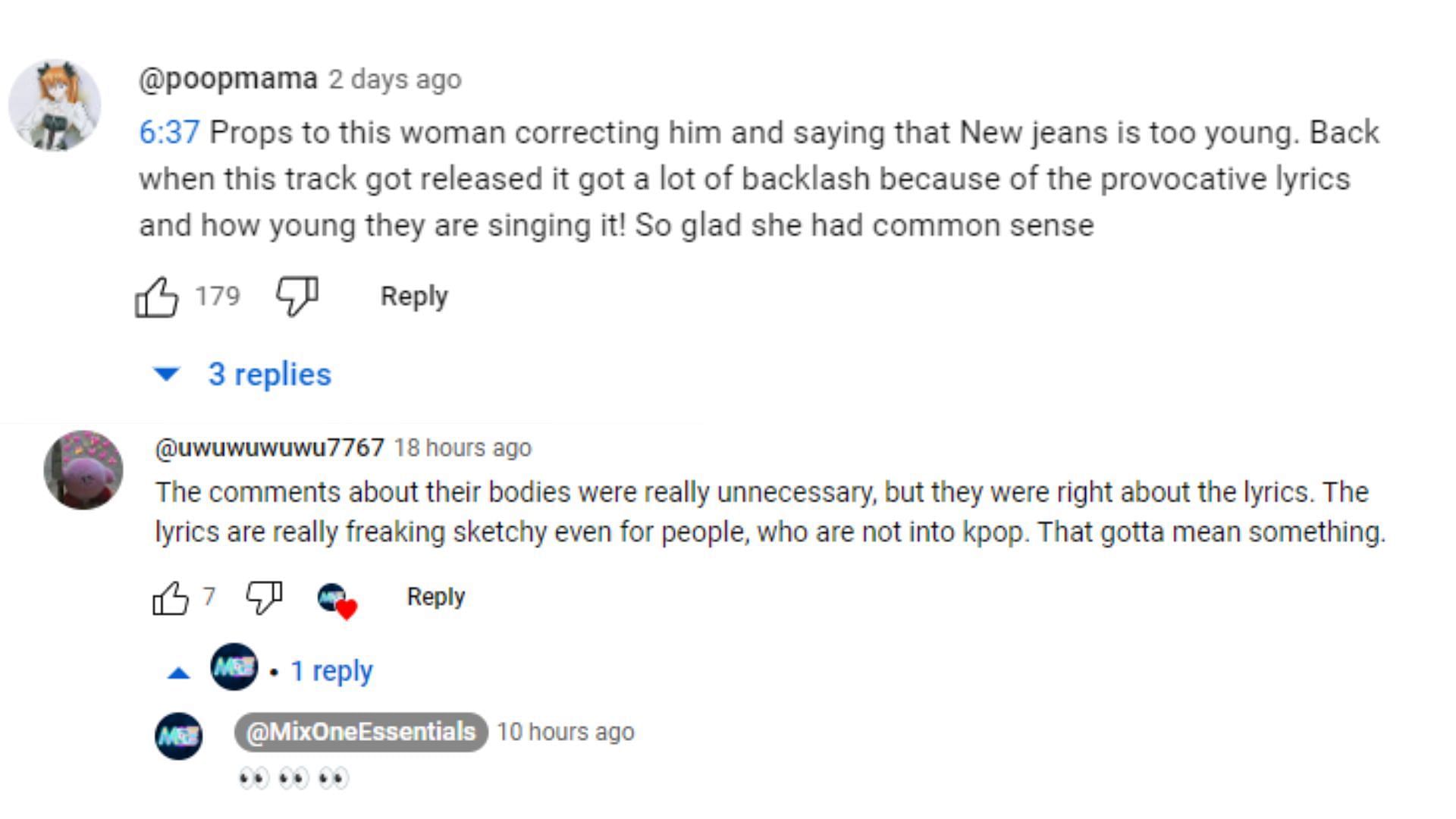 Comments on the Cookie reaction video regarding its lyrics (Image via YouTube/Mix-OneEssentials)