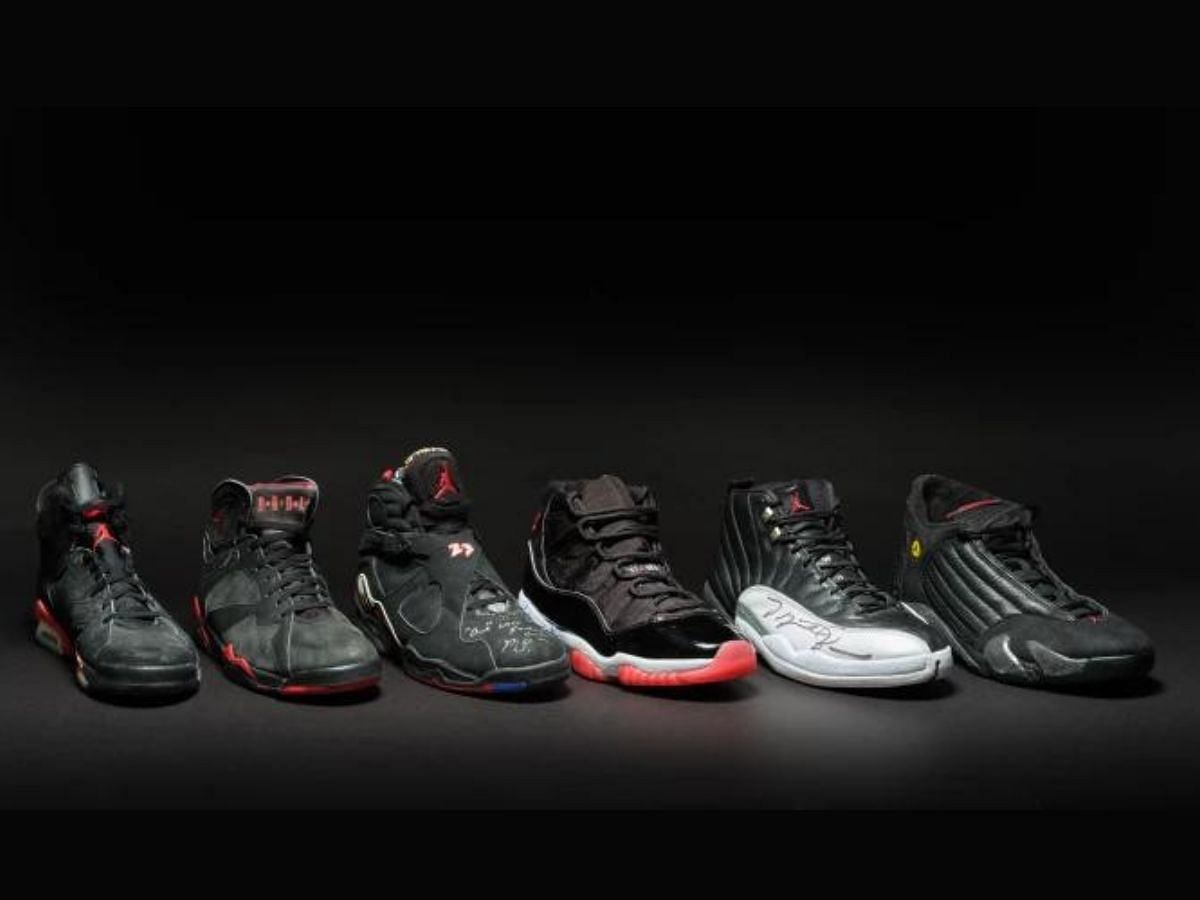 The newly unveiled Sotheby&#039;s x Jordan &quot;The Dynasty&quot; collection feature six makeovers upon Air Jordan VI, Air Jordan VII, Air Jordan VIII, Air Jordan XI, Air Jordan XII, and Air Jordan XIV (Image via Sotheby&#039;s)